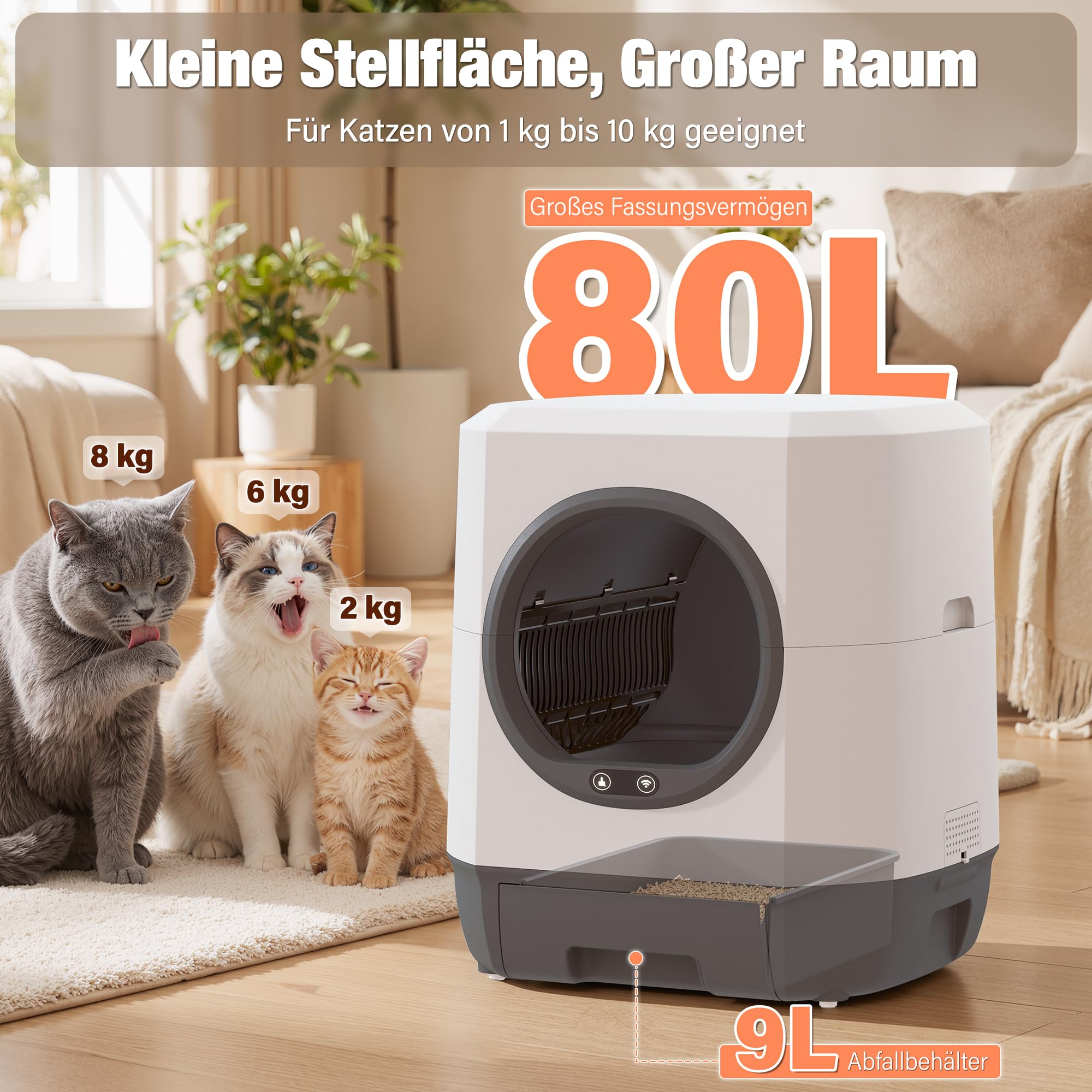 Katzenklo Selbstreinigend, 90L Selbstreinigende Katzentoilette | 12 Sicherheitssensoren,App-Steuerung,Geruchskontrolle, Elektrisches Katzenklo groß Automatisches Katzenklo für mehrere Katzen