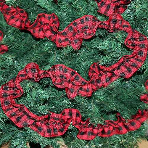 Miniatura 5 de Jishi Guirnalda de cinta de árbol de Navidad, arpillera a cuadros, decoraciones de Navidad, 9 pies x 6 rollos de cinta de arpillera a cuadros de