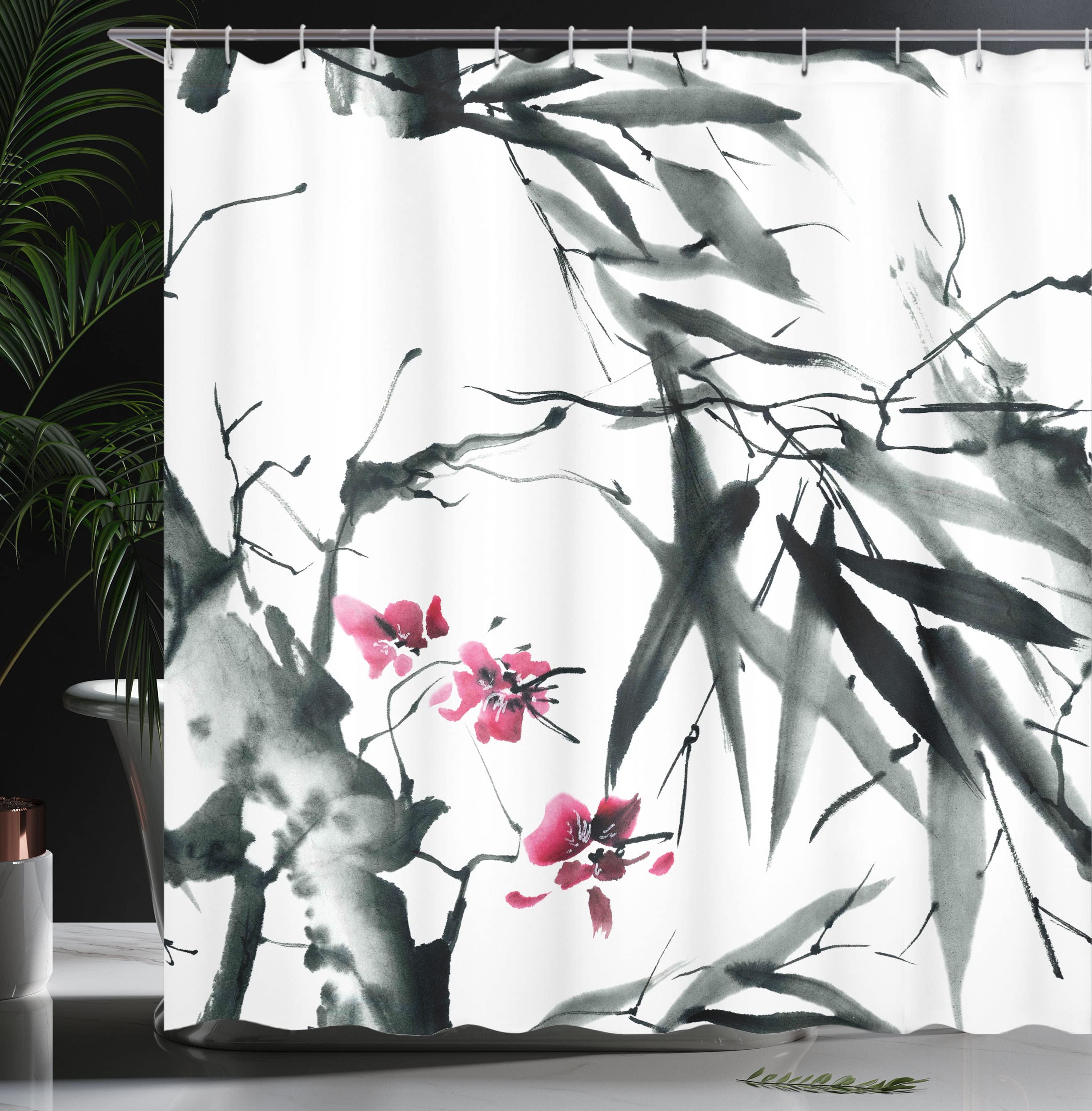 ABAKUHAUS Japanese Shower Curtain, Natural Bamboo Stems Cherry Blossom Japanese Inspired Folk Print - Image 3