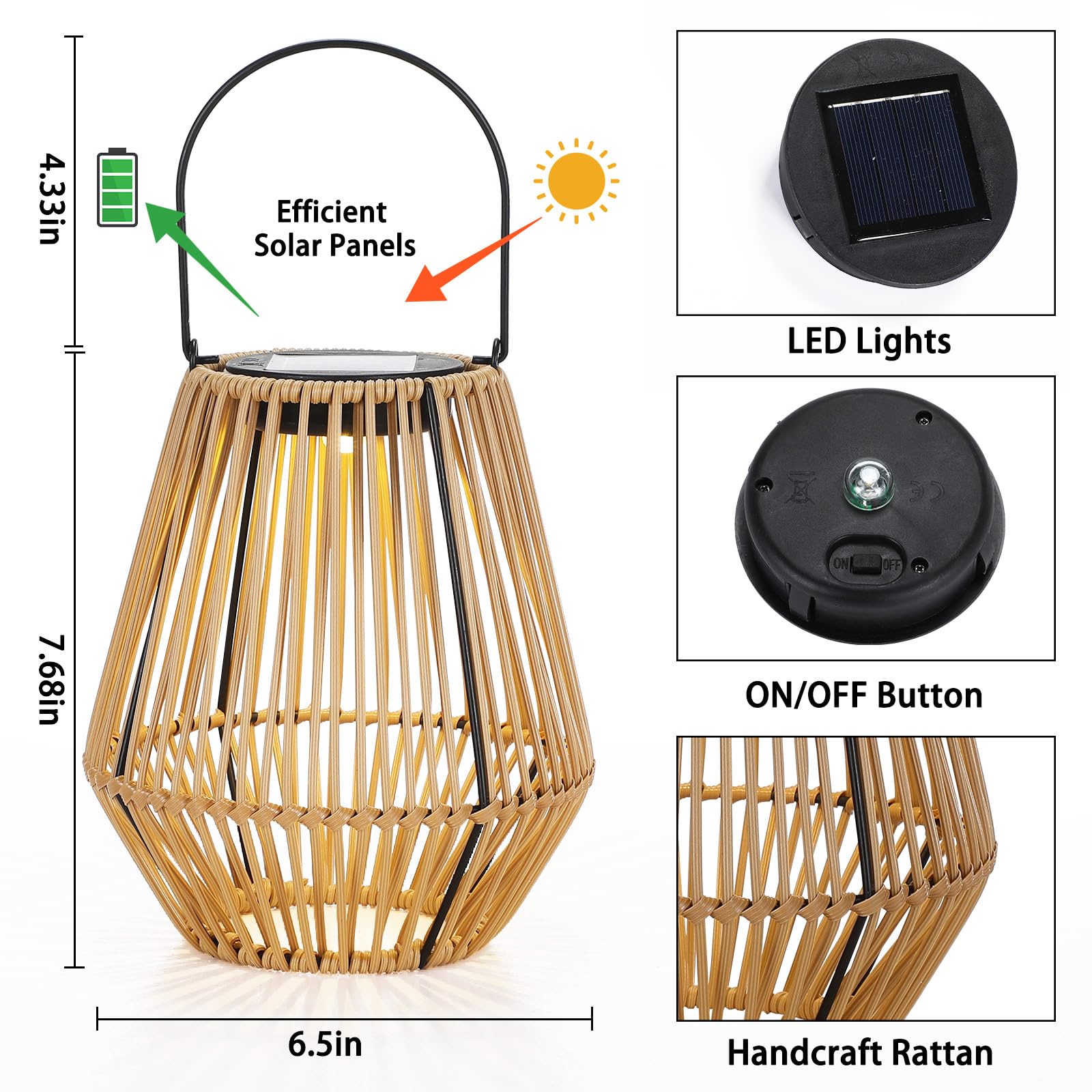 VIHOSE Confezione da 6 lanterne solari in rattan, luci solari da appendere, con manico, impermeabili, per esterni, decorazione per patio, portico, giardino, sentiero, cortile, alberi, prato