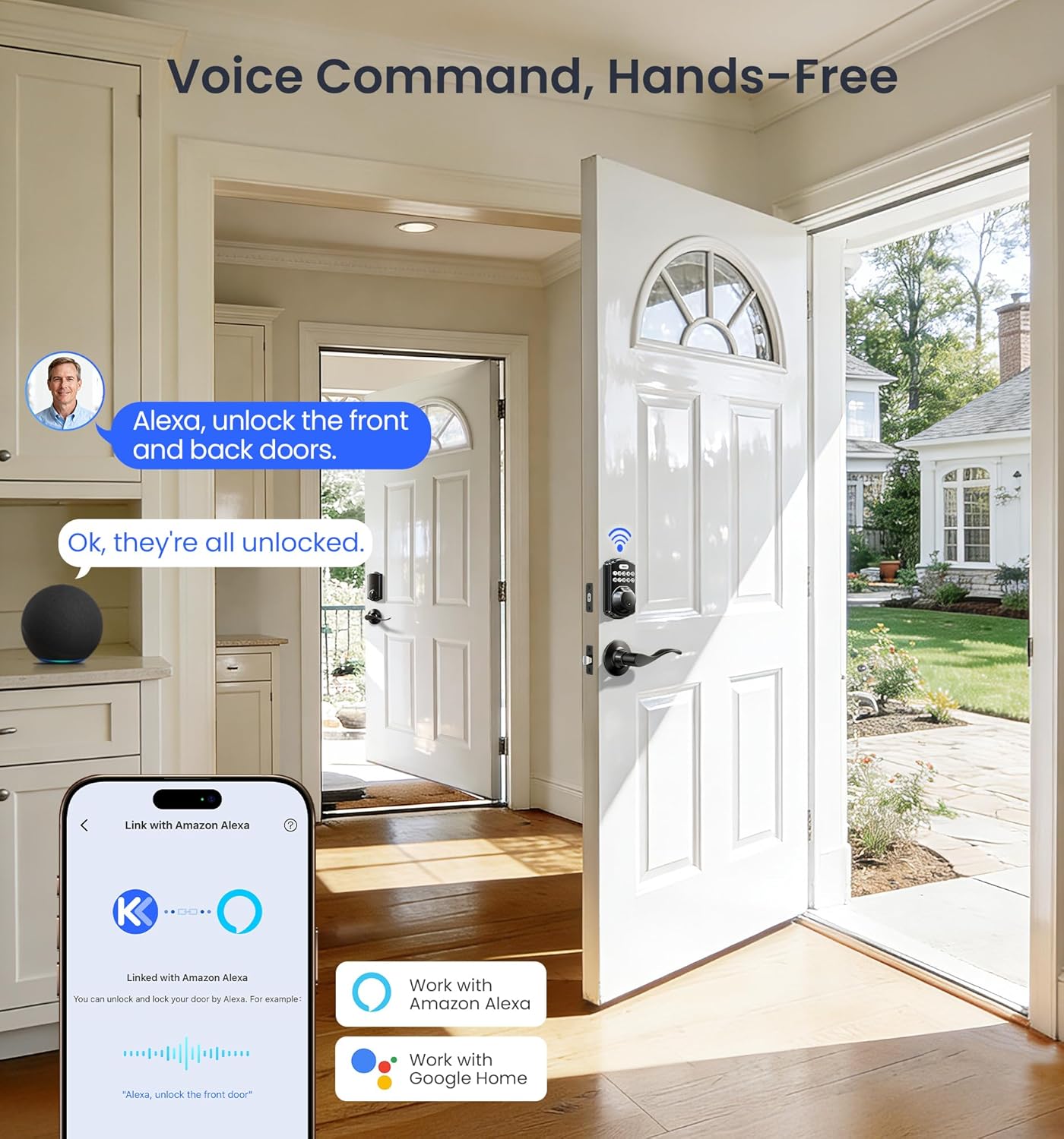 Veise VE012W-B Wi-Fi Fingerprint Smart Lock with Handle Set, Remote App Control, Keyless Entry Front Door Lever, Built-in WiFi No Hub Needed, Backlit Keypad Deadbolt, Auto-Locking, Matte Black