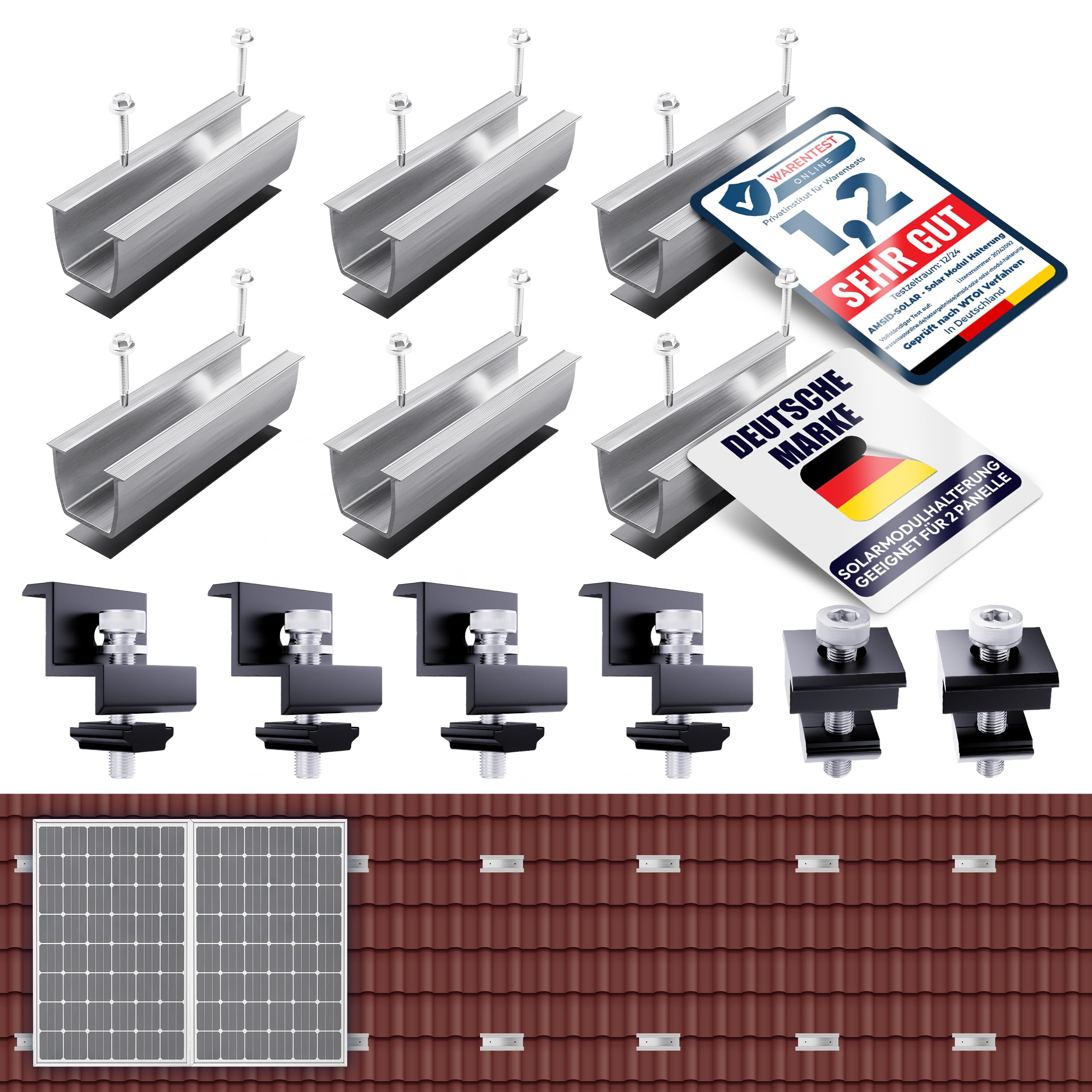 AMSID Solarpanel Halterung Solarpanel Balkonkraftwerk Montageschiene 12cm, PV Halterung verstellbar schwarz Klemme 30-35mm, Befestigungsset 2 Module geeignet für Flachdach Trapezdach.