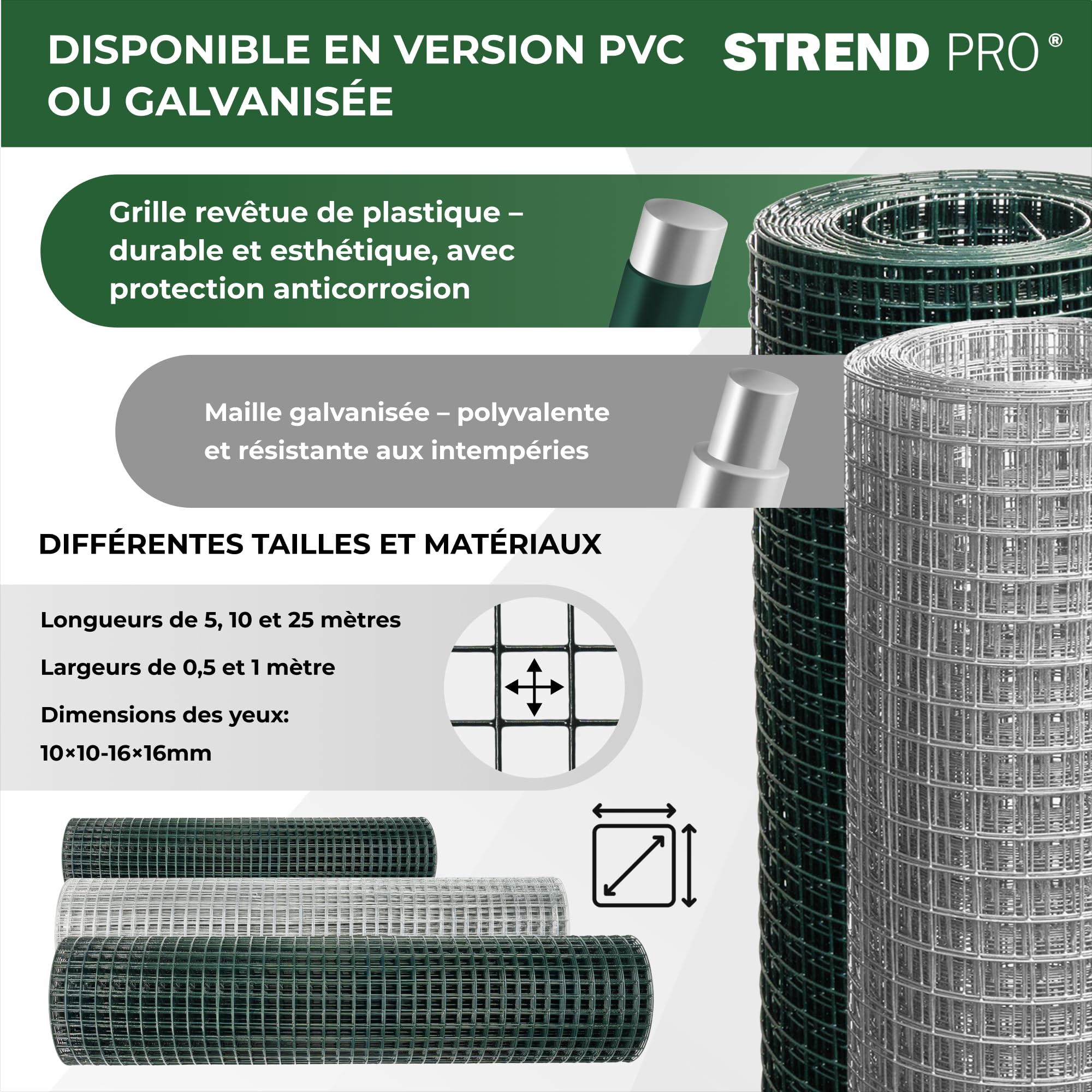 STREND PRO Grillage Métallique | Soudé - Galvanisé | 0.5 m x 10 m | 0,8 mm, 10x 10 mm | Grillage Anti-Campagnols, Lapins, Lièvres, Volières | Grillage Lapins, Poulailler