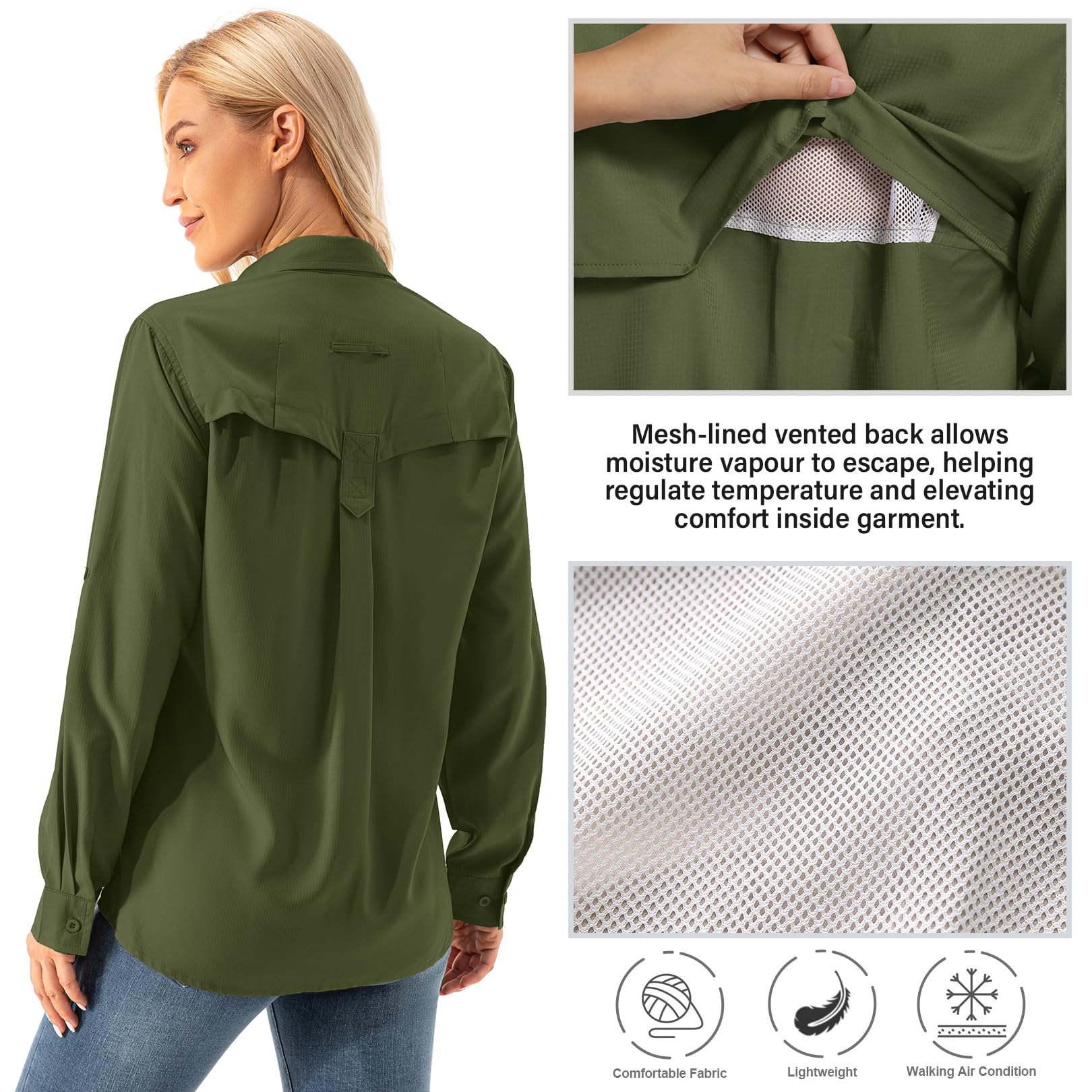 Blusa de mujer con protección UV UPF 50+, ropa de safari, blusa de senderismo para mujer, de secado rápido, protección solar, de manga larga