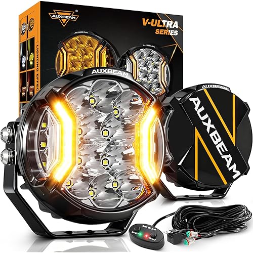 Auxbeam V-Ultra Series Side Shooter Light Bar, 5Inch 172W Round Offroad Lights LED Pods 20400LM, Amber DRL & Spotlight Dual Color 270° Wider Off Road Lighting with Protective Covers, Pair