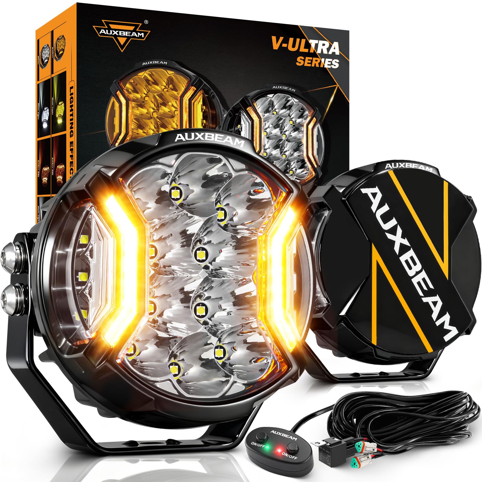 Auxbeam V-Ultra Series Side Shooter Light Bar, 5Inch 172W Round Offroad Lights LED Pods 20400LM, Amber DRL & Spotlight Dual Color 270° Wider Off Road Lighting with Protective Covers, Pair