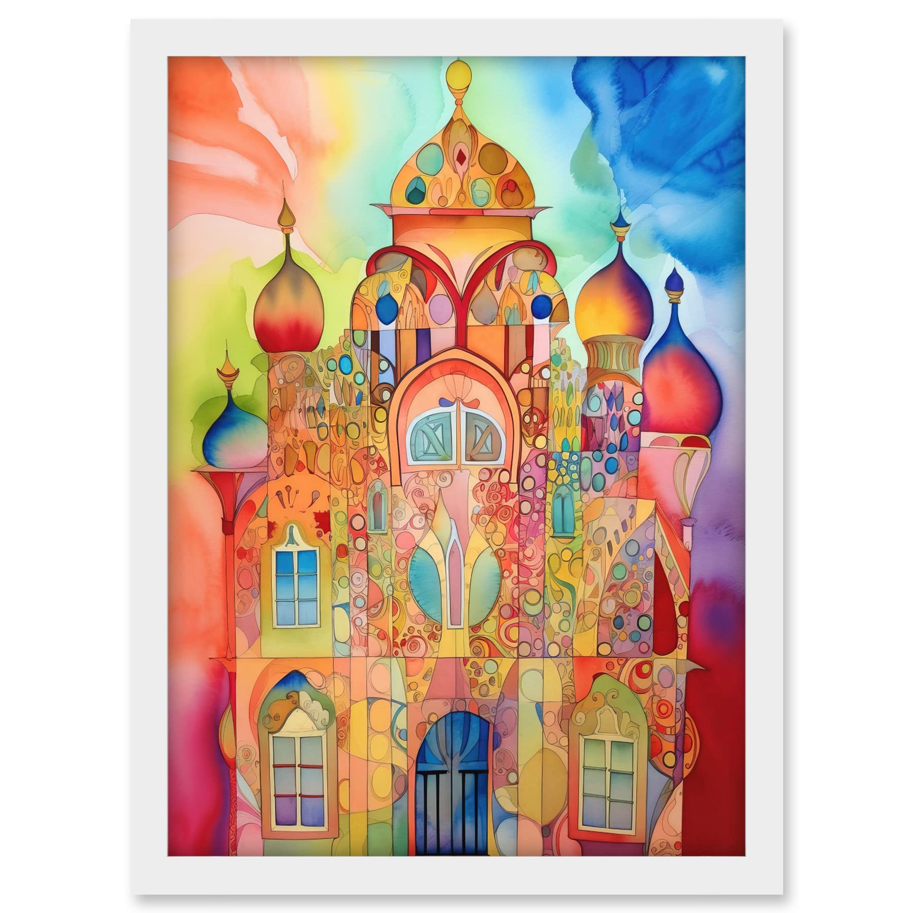 Artery8 Jewish Synagogue Decorated Building Vibrant Folk Art Watercolour Painting Artwork Framed A3 Wall Art Print