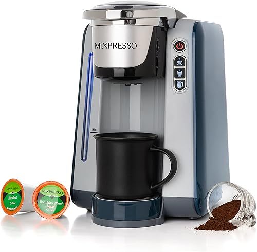 Mixpresso Cafetera de una sola porción compatible con cápsulas K-Cup y café molido, cafetera K-Cup de una sola porción con 4 tamaños de preparación