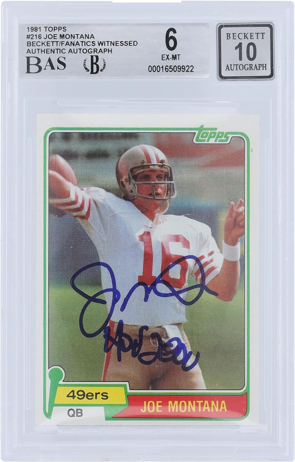 Joe Montana San Francisco 49ers Autographed 1981 Topps #216 Beckett Fanatics Witnessed Authenticated 6/10 Rookie Card with "HOF 2000" Inscription - Football Slabbed Autographed Rookie Cards