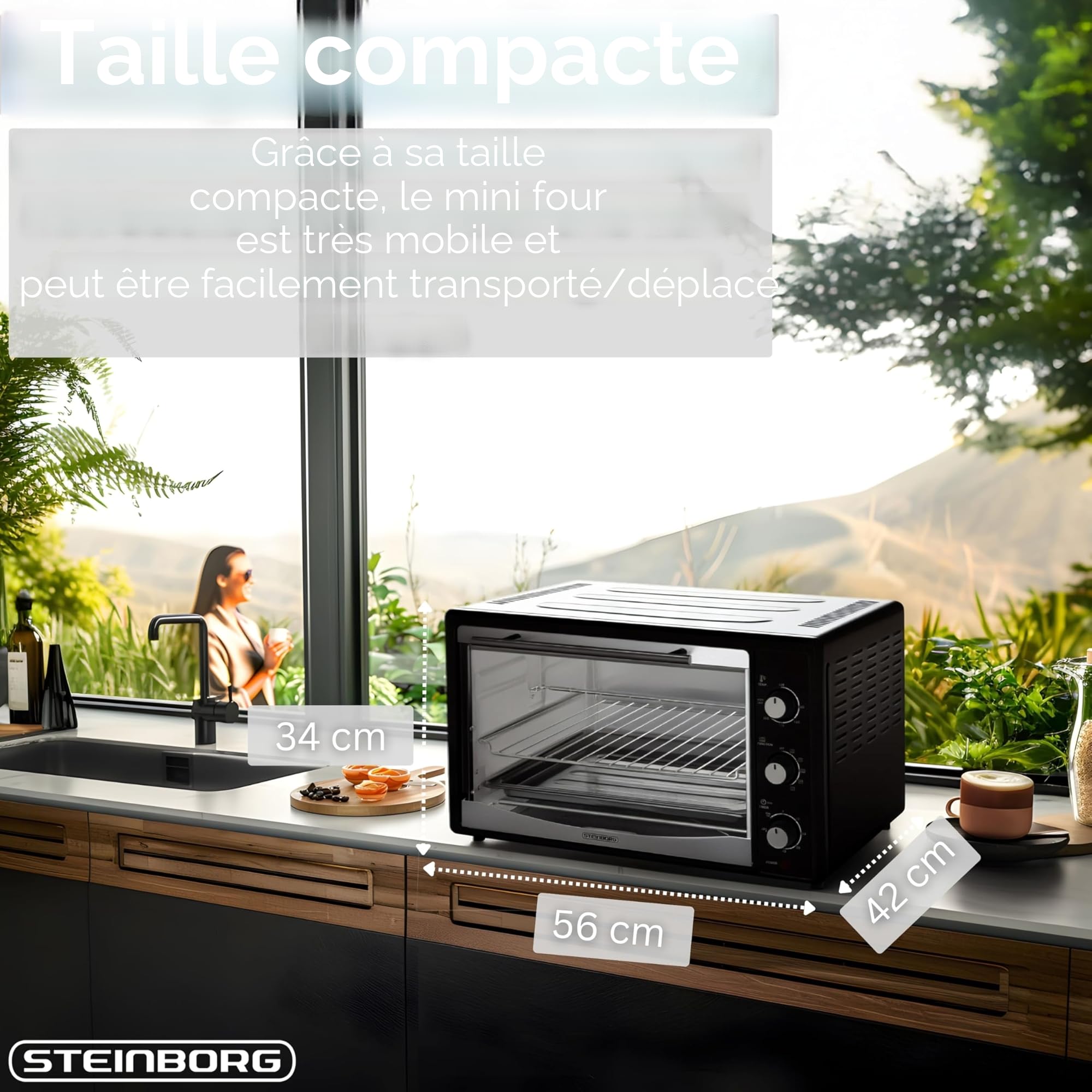 Mini four 45 l avec chaleur tournante | Tournebroche électrique | 1800 W | Four à chaleur tournante | Four à pizza | Éclairage intérieur | Avec plaque de cuisson et grille de cuisson | Mini four |