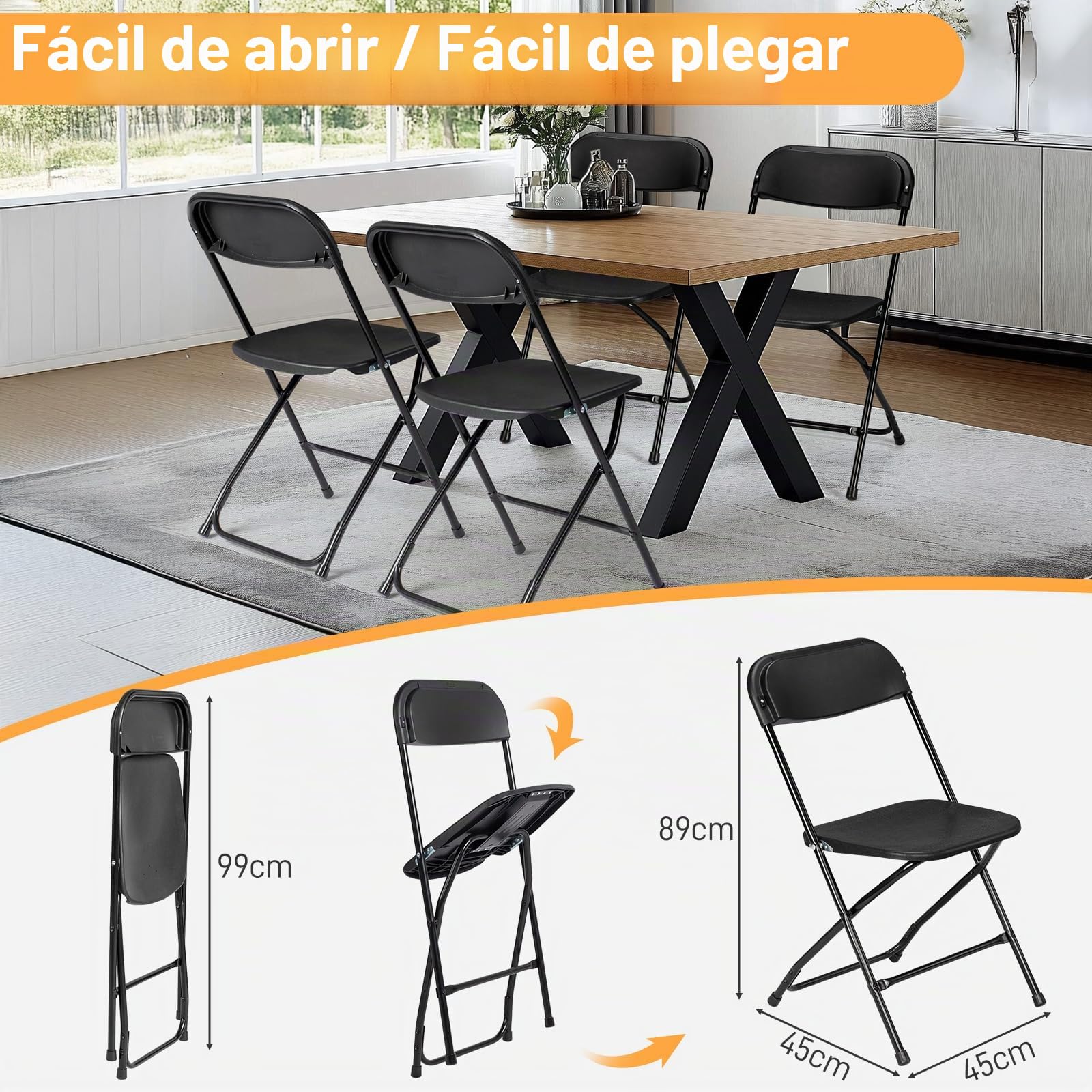 Bonnlo Set de 10 Sillas Plegables – Sillas de Comedor, Jardín, Camping, Plegables, para Balcón, Sala de Estar, Restaurante y Conferencias, Ergonómicas, 47x47x75 cm, hasta 150 kg, Negro