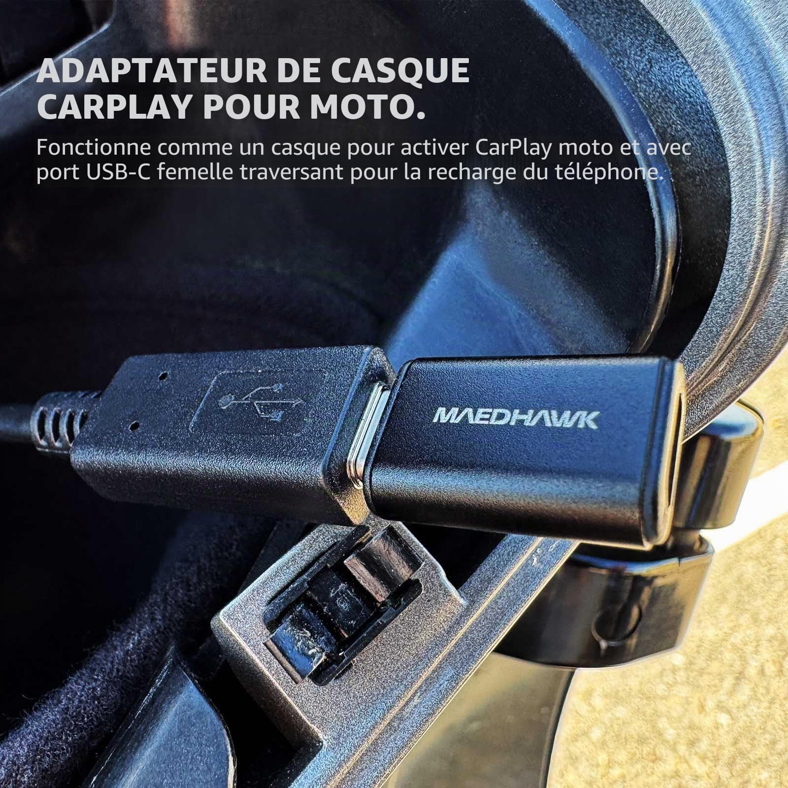 MaedHawk Bypass Moto carplay Bluetooth Adaptateur Casque avec Port de Charge USB - C traversant