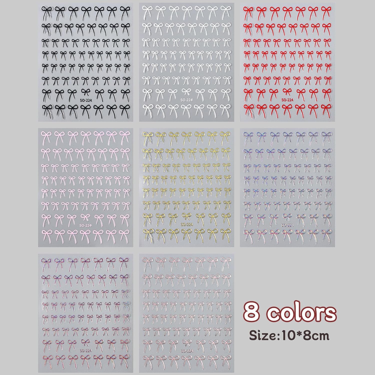 Red Valentines Bow Nail Stickers for Nail Art - 8 Colors with 3D Pink Bow Tie, Laser Glossy and Black White Bowknot Cute Nail Decals, Self-Adhesive DIY Wedding Or New Years Nails Charms Decorations