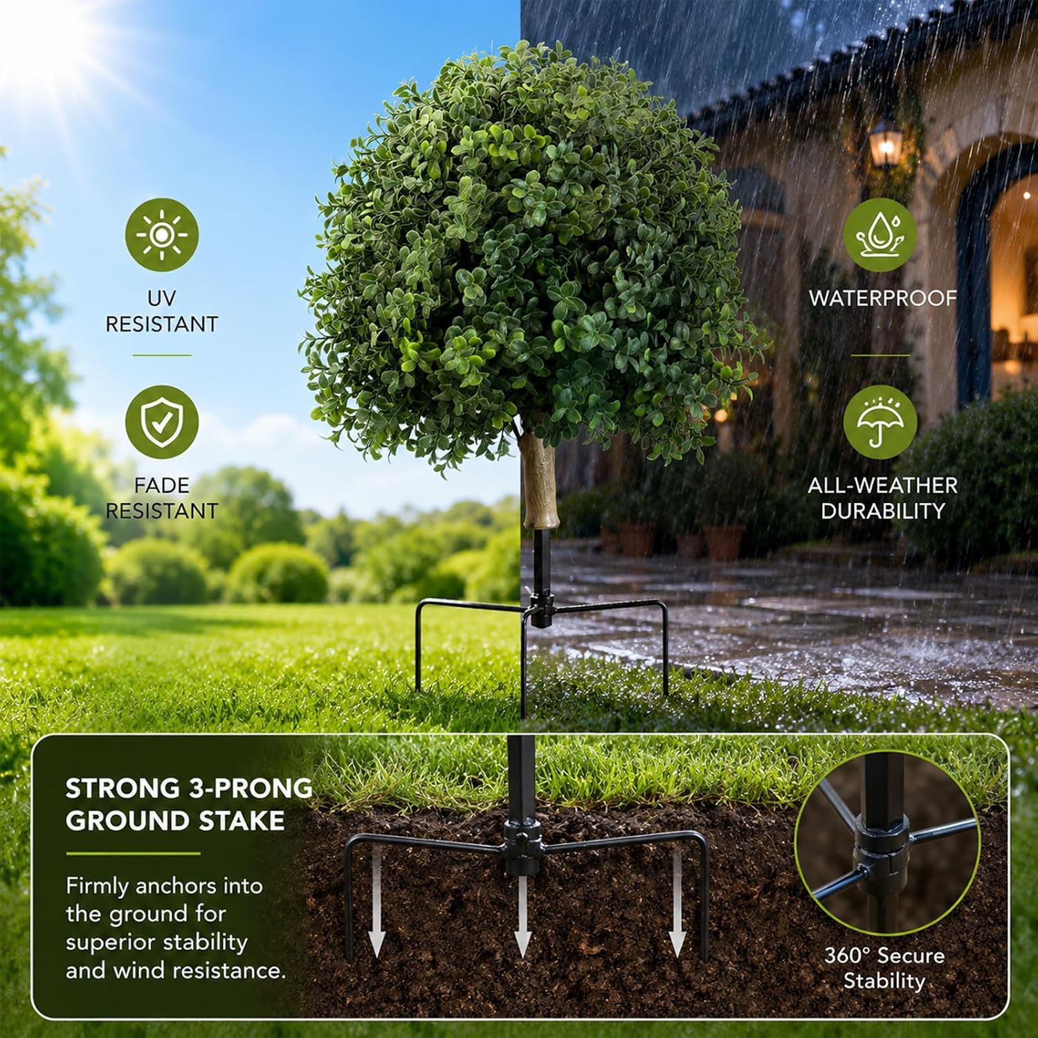 Artificial Boxwood Topiary Bushes for Outdoors, 26'' Evergreen Ball Trees with 3-Prong Ground Stakes, UV-Resistant Faux Greenery for Front Porch, Planters, Garden, Yard, Patio Decor