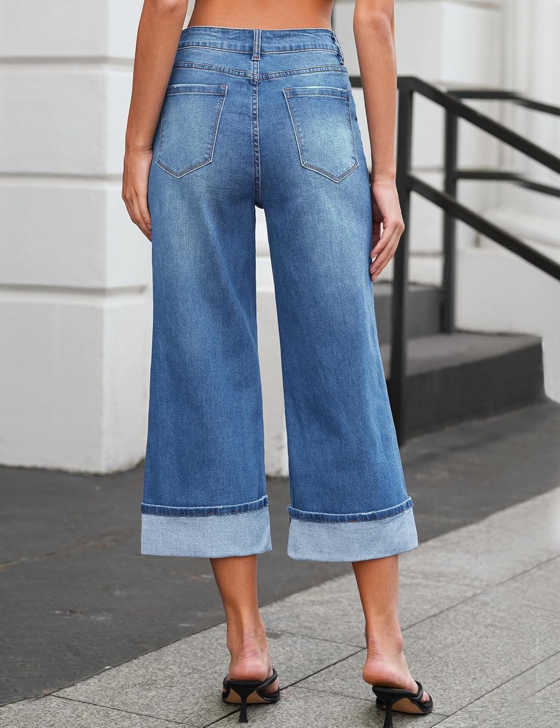 Vetinee Capris Jeans for Women Wide Leg High Waisted Trendy Fold Hem Summer Casual Stretchy Denim Jean Capri Pants