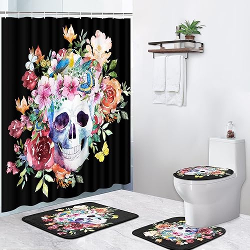 Pamnest Juego de 4 cortinas de ducha, diseño bohemio de flores Sakura de calavera, impermeables, con alfombras antideslizantes, tapa de inodoro y