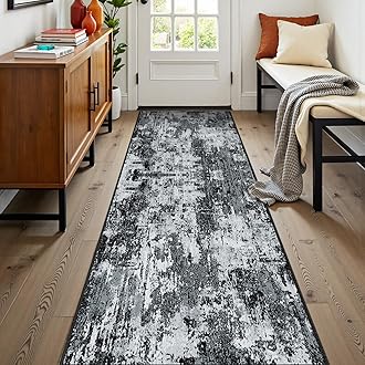 Washable Area Rugs 2'x8' Non-Slip Modern Abstract Soft for Living Room Entryway Bedroom Nursery, Print Pattern, Black Gray