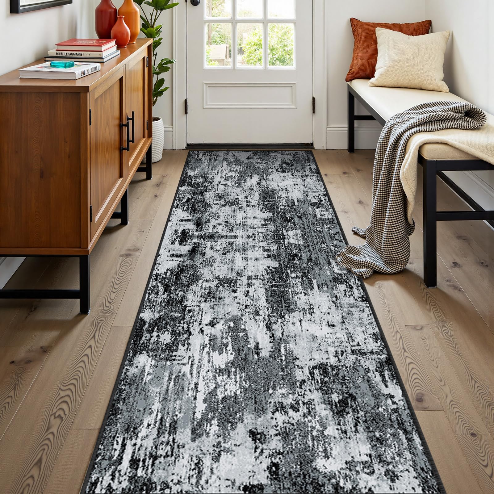 Washable Area Rugs 2'x8' Non-Slip Modern Abstract Soft for Living Room Entryway Bedroom Nursery, Print Pattern, Black Gray