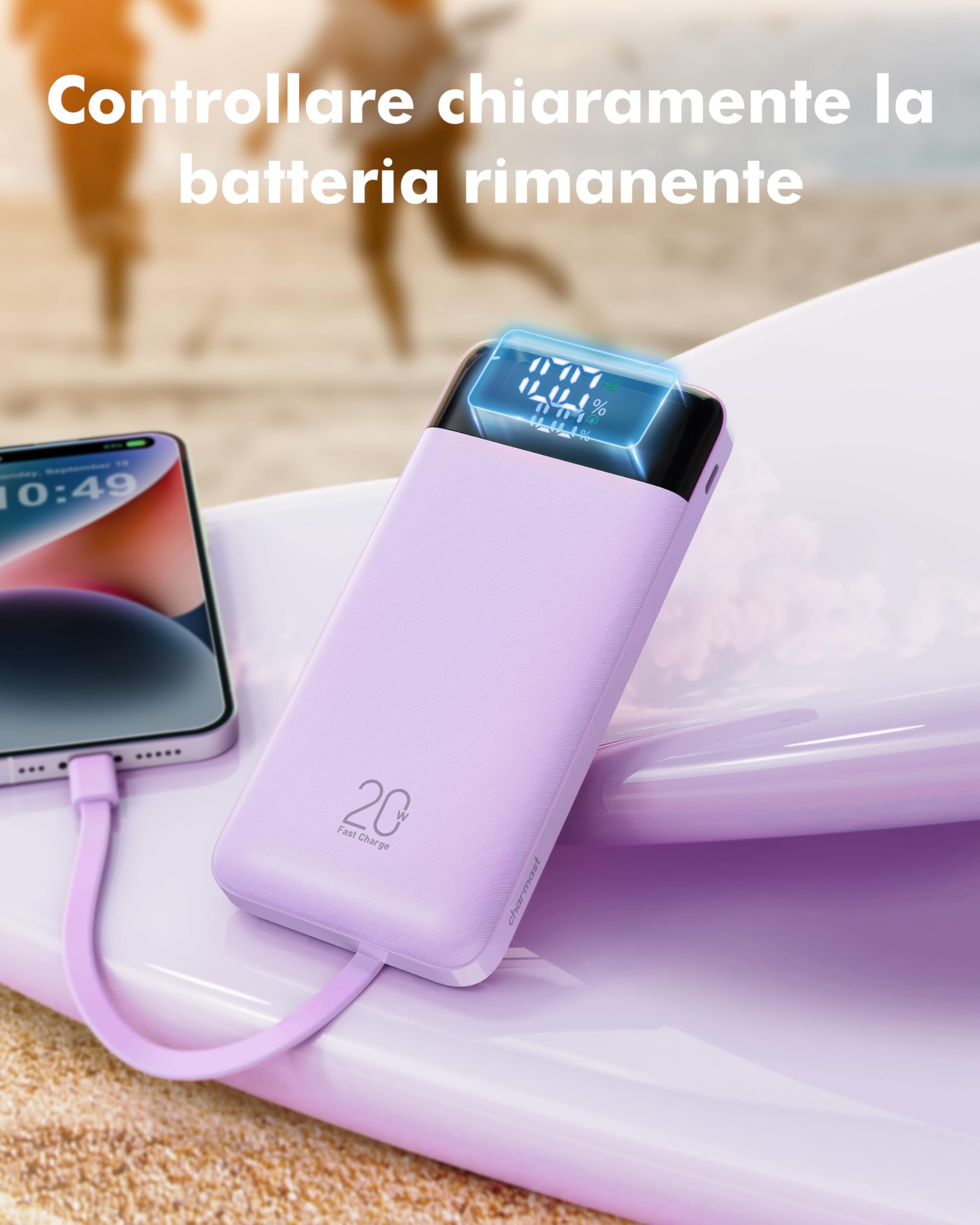 Charmast Batterie externe avec câbles intégrés, 22,5 W, 20 000 mAh, charge rapide