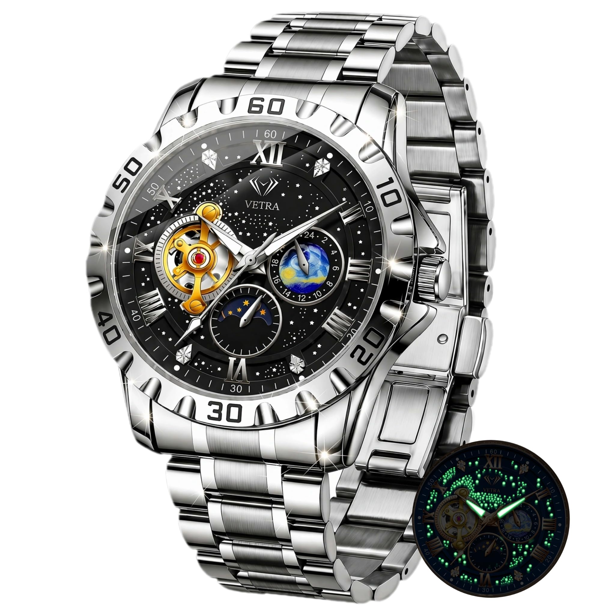 Vetra Mens Luxury Automatic Watch Self-Winding Skeleton Tourbillon Dress | Multifunctional Diamond Starry Sky Luminous / Date &Calendar Dial, Imported Movement,30M Waterproof Stainless Steel Business