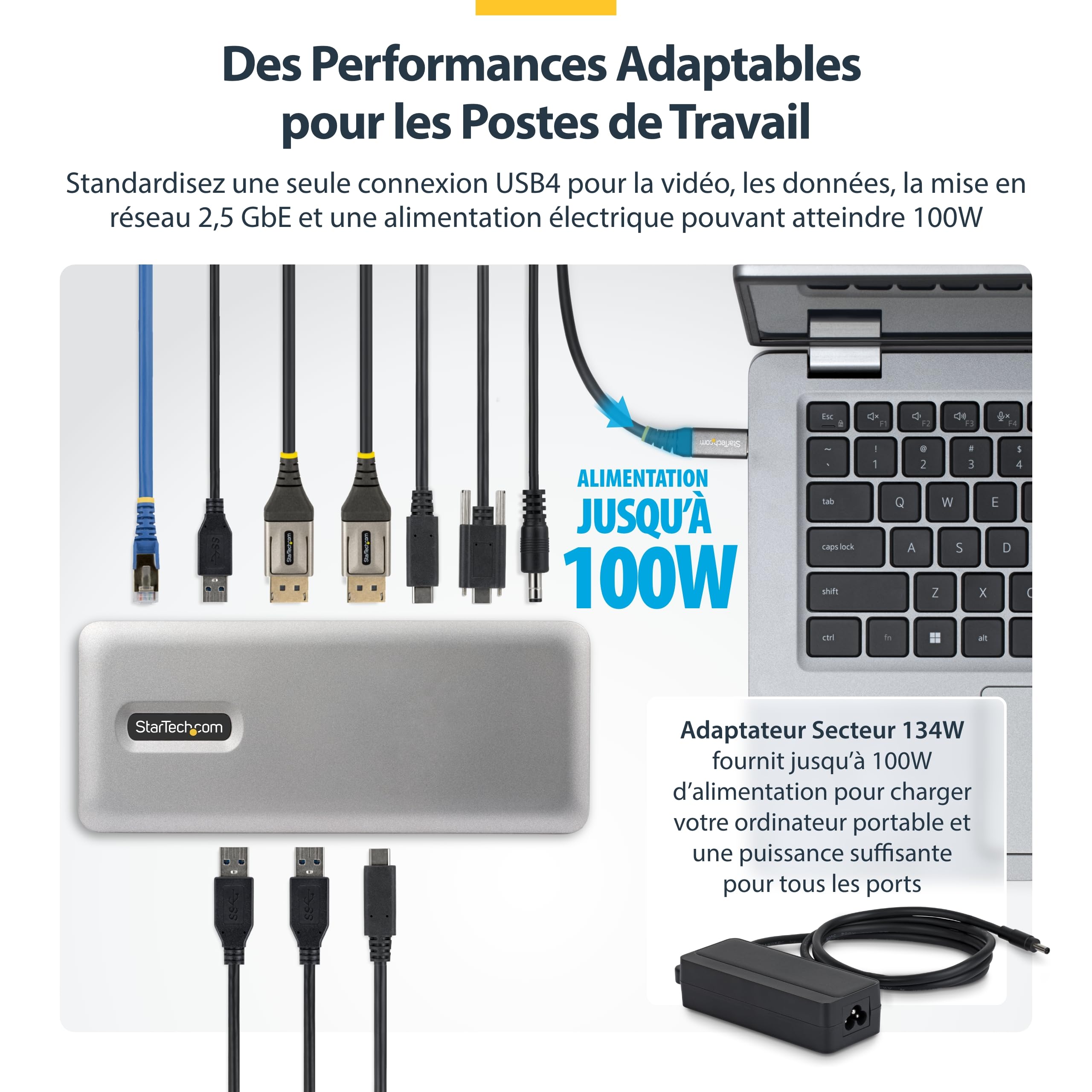 StarTech Dock Universel USB4, Double 4K 144Hz ou 8K 60Hz DisplayPort, 100W