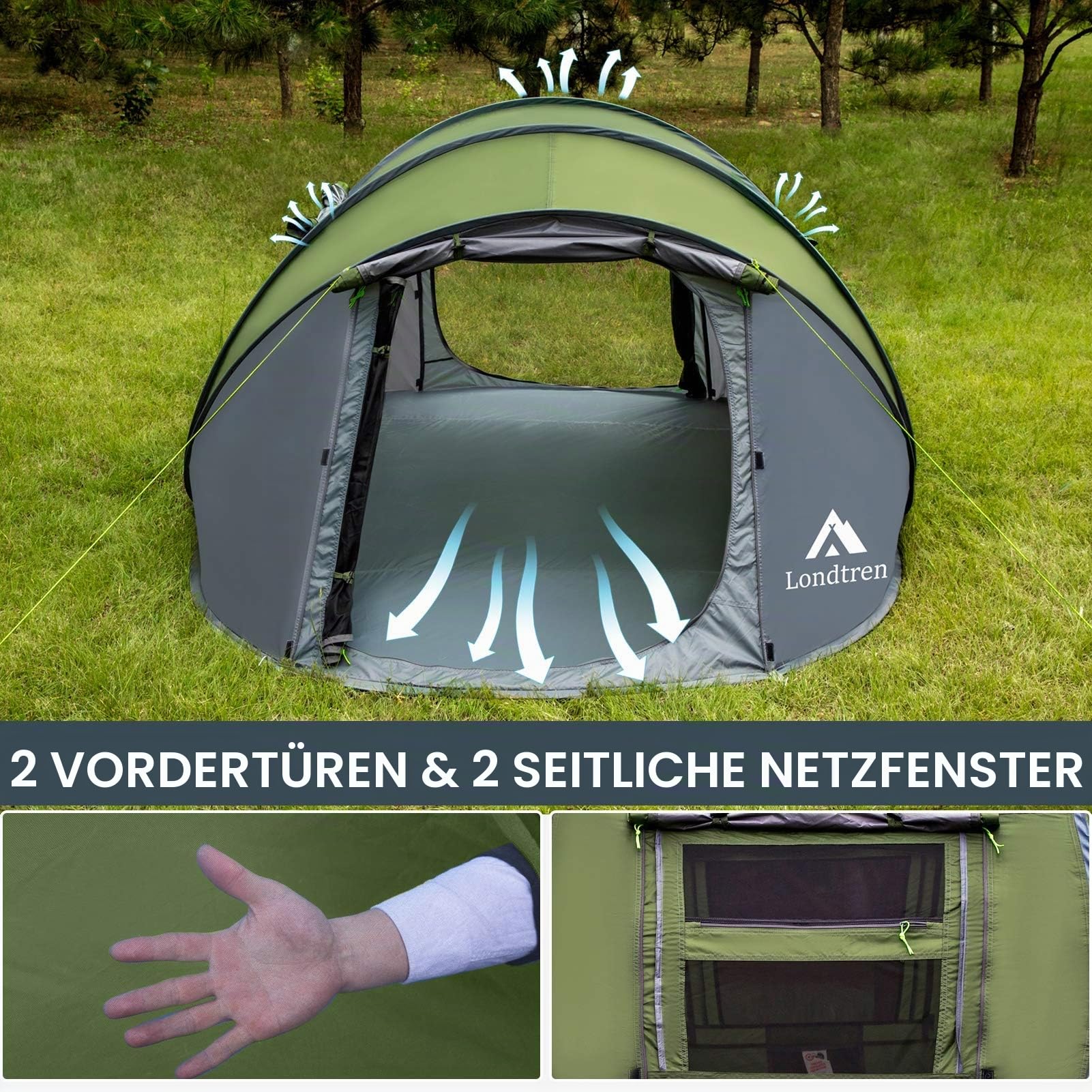 Pop-up Zelte für Camping, 4-Personen, wasserdicht, Militär-Popup-Zelt, einfach aufzubauende Campingzelte, Instant-Pop-up-Zelt, Groß, Grün Sport & Freizeit
