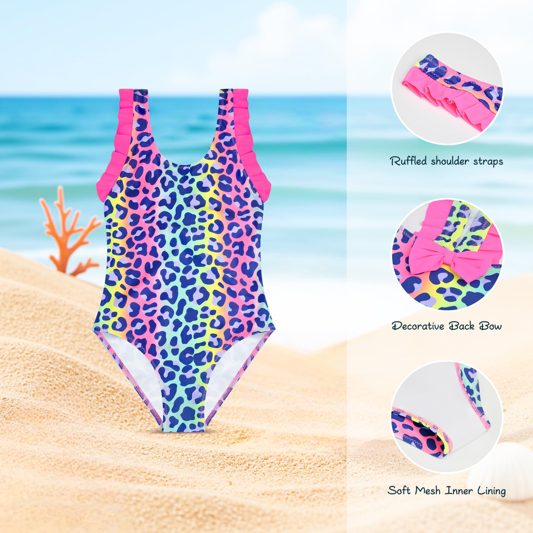 Power Flower Bañador Niña Entero Leopardo con Volantes y Lazo en la Espalda de Secado Rápido para Playa Piscina Vacaciones 2–10 Años