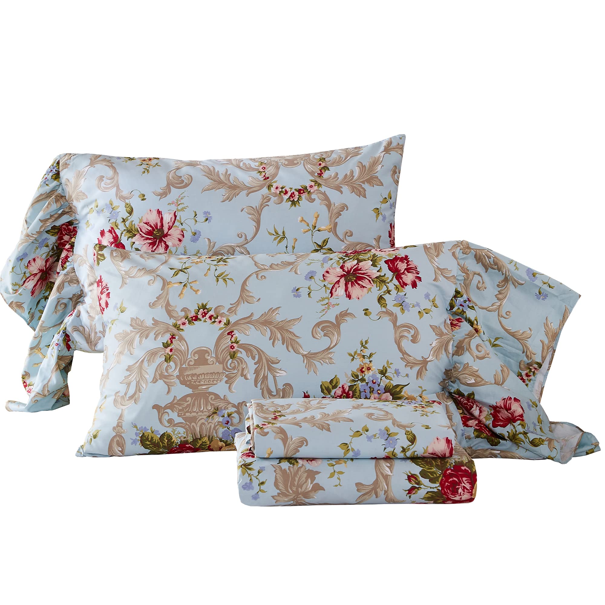 ABREEZE Floral Bedding Shabby Blue Bed Sheet Set Vintage Luxury Bedding Collections Ruffled 1000 Thread Count 100% Egyptian Cotton Deep Pocket, 4