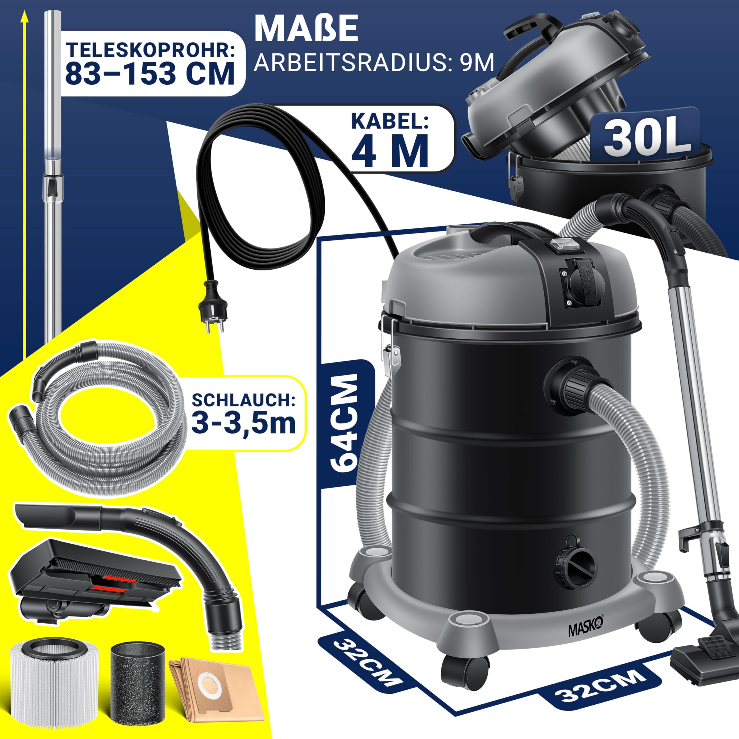Masko® Aspirateur Industriel Aspirateur Eau et poussière Acier Inoxydable 2 300 W + Prise | Fonction soufflerie | 30 L | avec et sans Sac | Filtre Interchangeable Inclus | Tuyau: 3,5 m | Anthracite