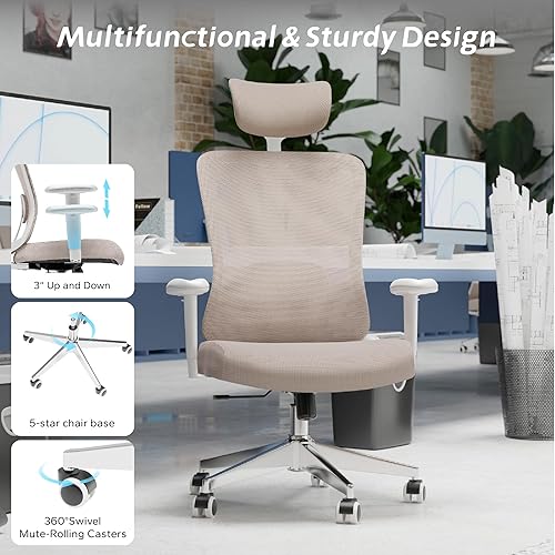 Miniatura 6 de Silla de oficina ergonómica, silla de escritorio de malla con reposacabezas ajustable y reposabrazos 2D, sillas de computadora con soporte lumbar,