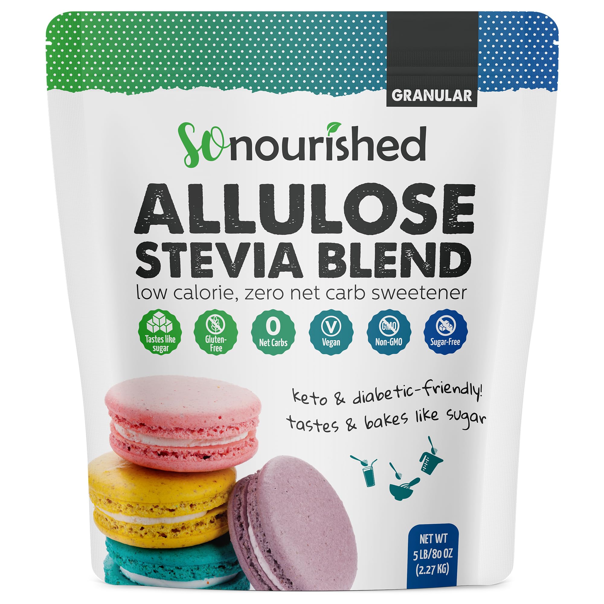 So Nourished Stevia with Allulose Sweetener Granular - 1:1 Sugar Substitute, Keto - 0 Calorie, 0 Net Carb, Non-GMO (5 lb / 80 oz)
