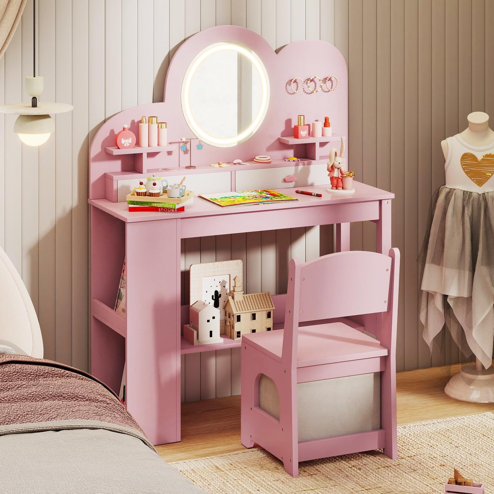 HONEY JOY Kids Vanity with Lights and Open Bookshelf, Cloud Princess Makeup Dressing Desk, Drawers, Wooden Pretend Play Toddler Vanity Table &amp; Chair Set with Lighted Mirror for Little Girls (Pink)
