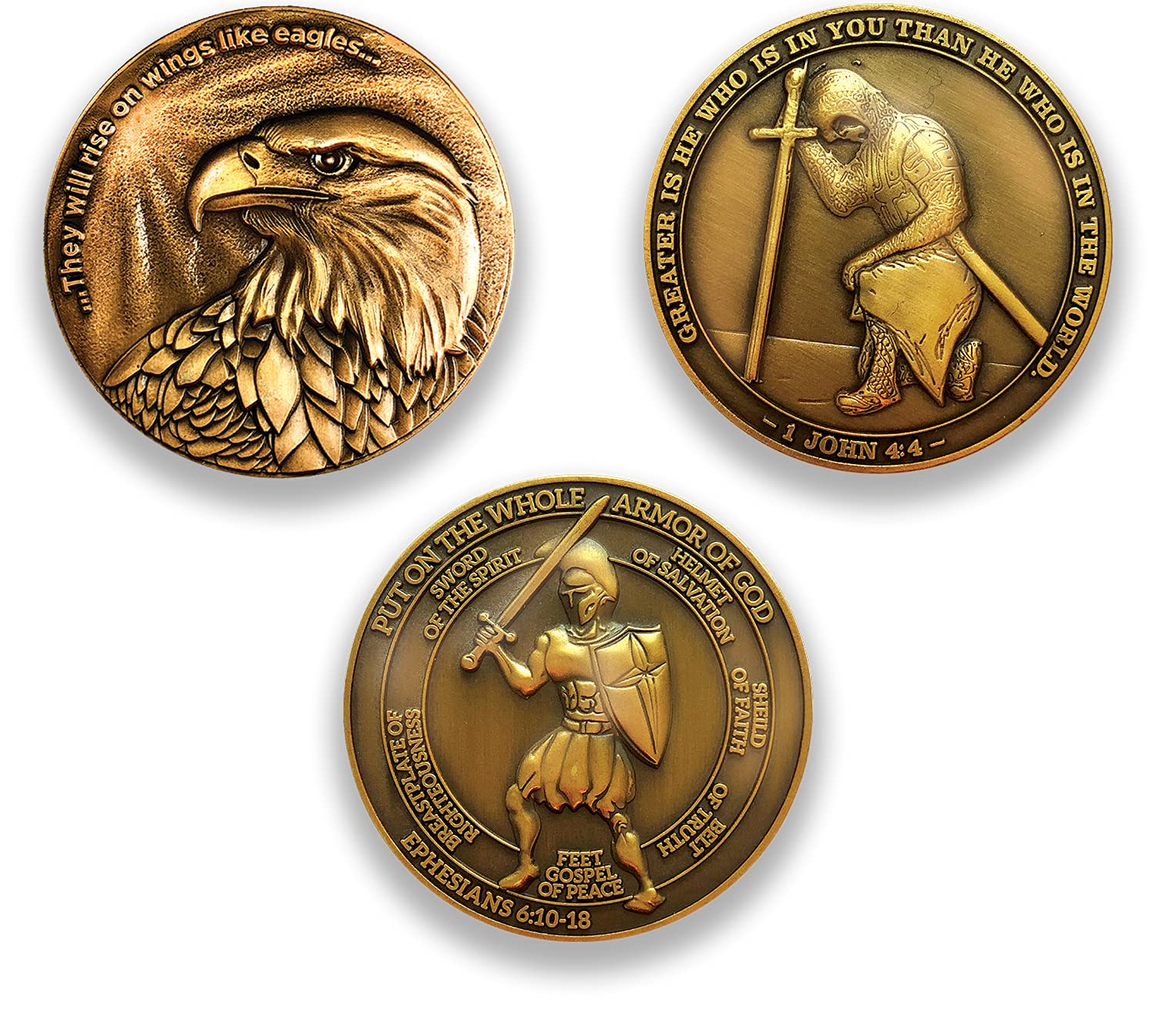 Logos Trading Post Antique Gold Plated Christian Challenge Coins | Eagle Coin, Task Ahead I Can Do All Things Coin, Armor of God Coin | Value Variety Pack of 3 | Assortment 6