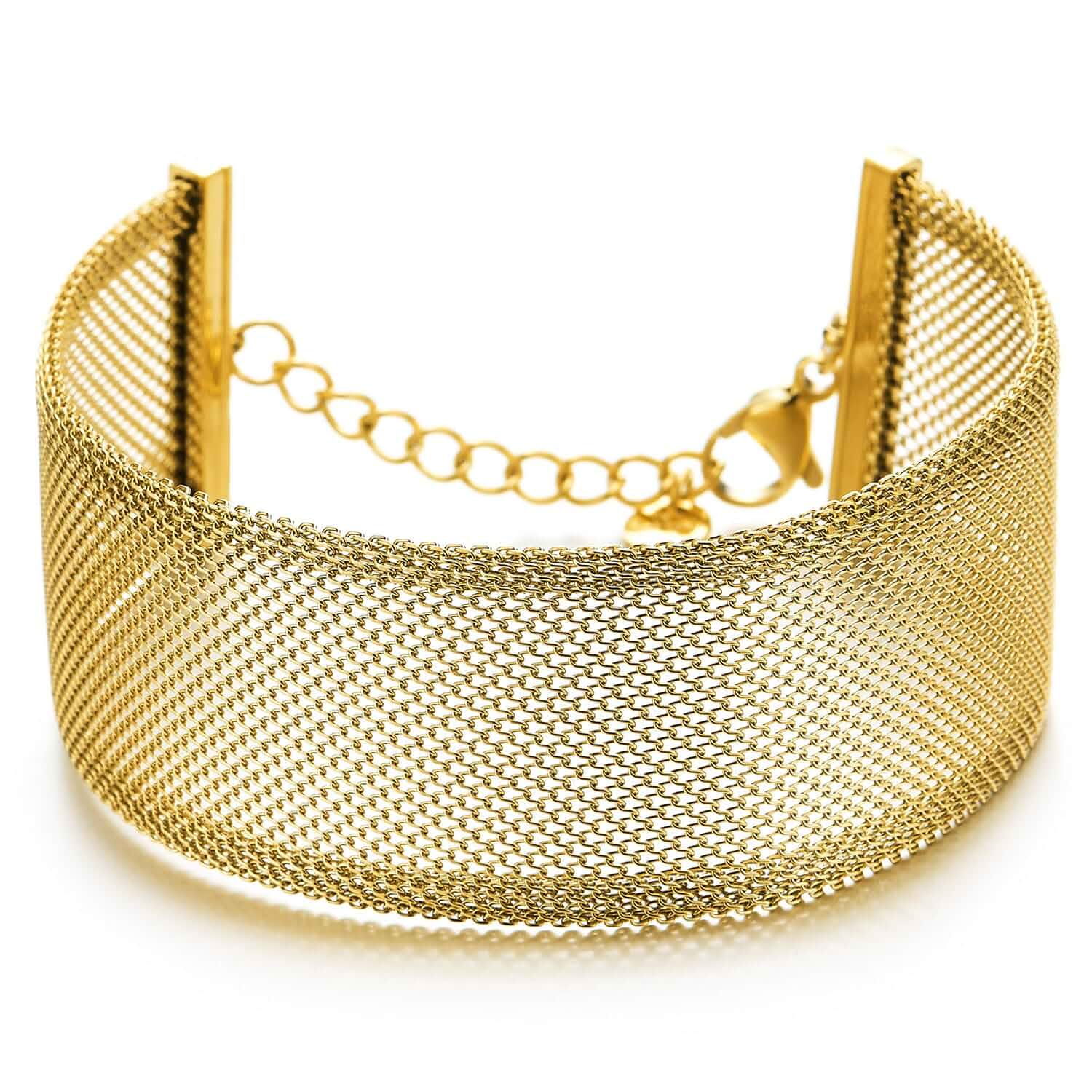 COOLSTEELANDBEYOND Wide Gold-Tone Mesh Cuff Bracelet Steel, Adjustable Chain Link, Modern Minimalist Statement Jewelry