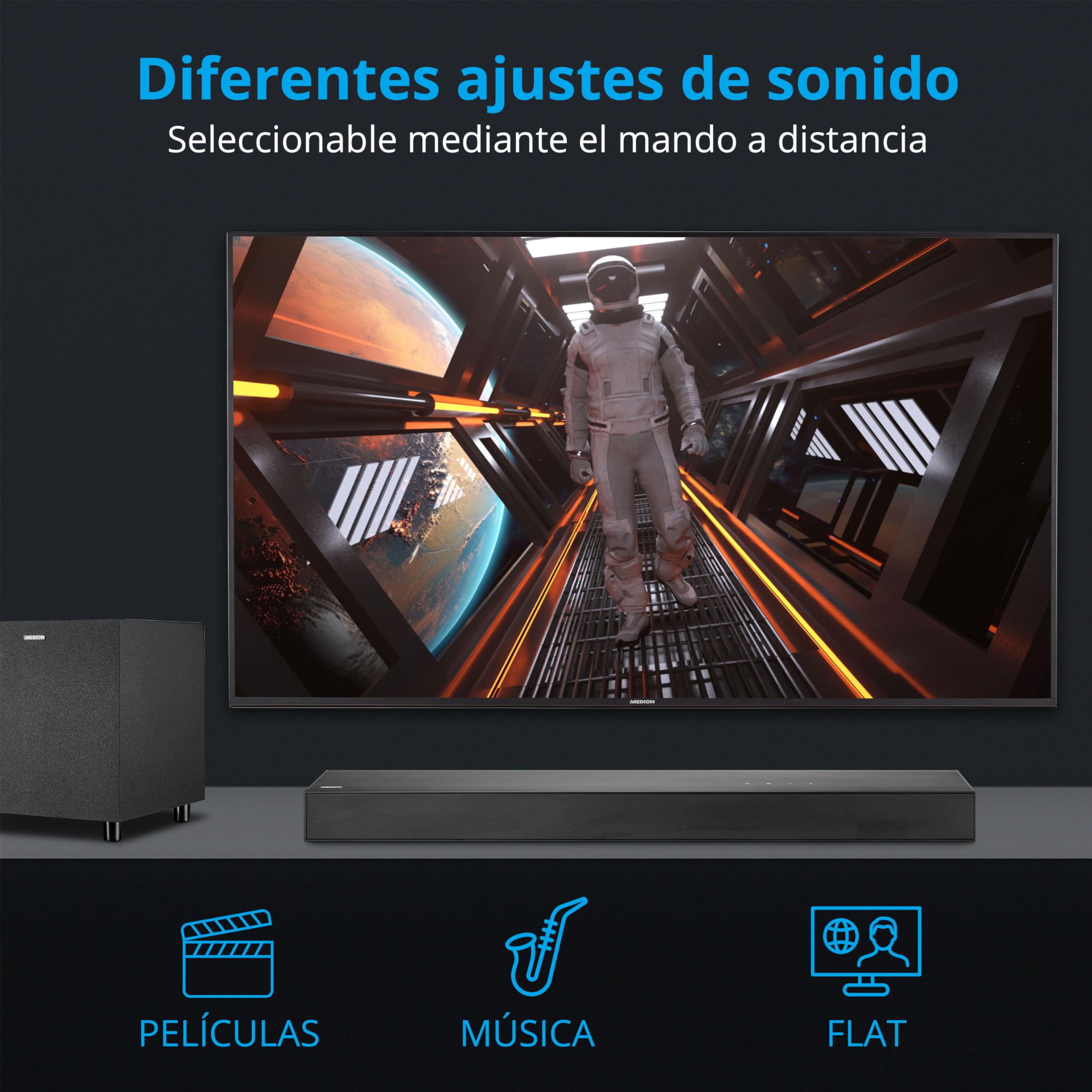 MEDION S61022 Barra de Sonido Dolby Atmos 3.1 con subwoofer inalámbrico (para televisores, Bluetooth 5.3, HDMI eARC CEC, Entrada óptica, AUX, subwoofer inalámbrico 3 x 20 W + 60 W (RMS)