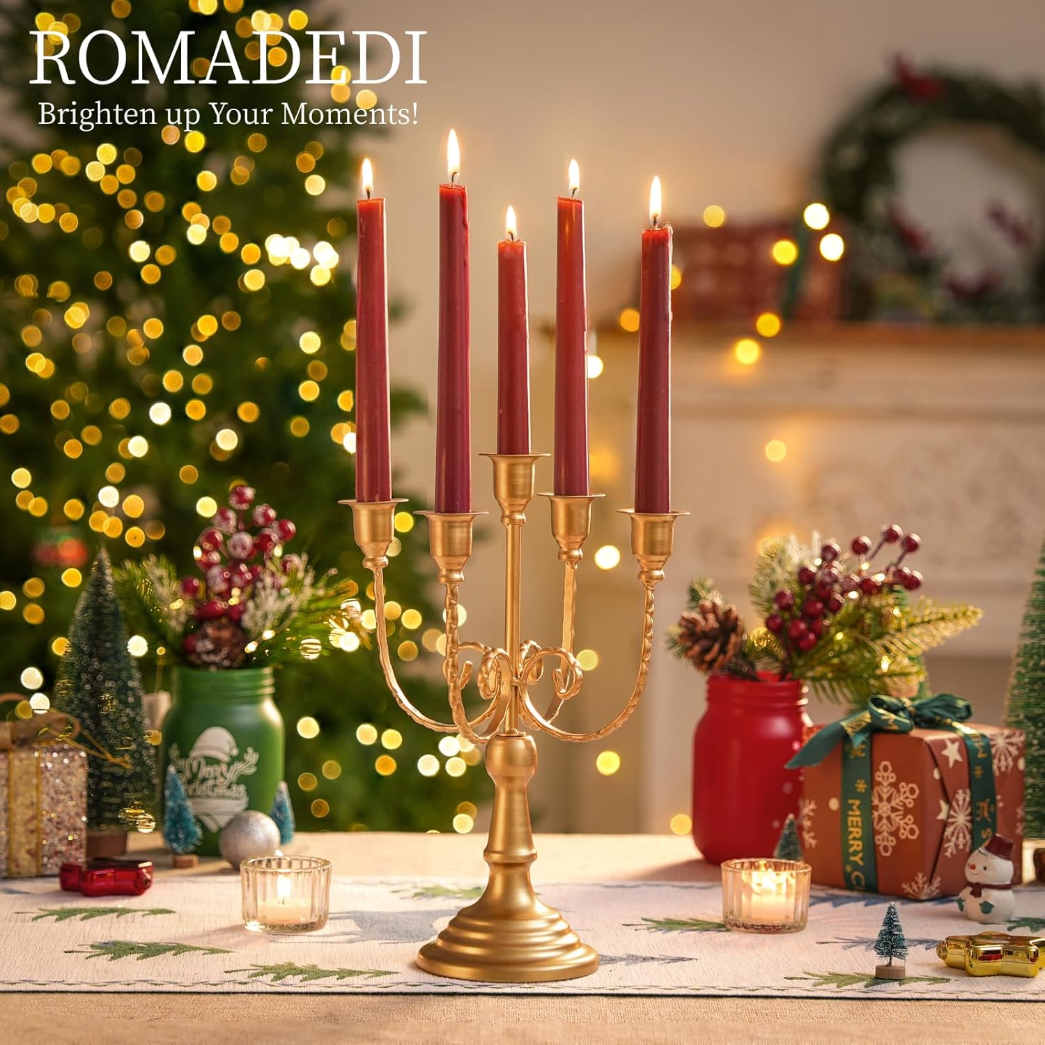Romadedi Candelabra Gold Candle Holders - 5 Arm 11.8" Wedding Candlestick Holder for Theme Party Table Centerpiece Decor Dining Room Birthday Holiday Christmas, Set of 2 - Image 8