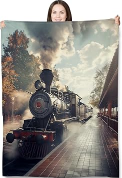 Steam Train Journey Throw Blanket 50"x60", Vintage Travel Blankets for Living Room Bedroom Decor, Soft Flannel Plush Gifts for Train Lovers Adults Kids