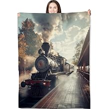Steam Train Journey Throw Blanket 50"x60", Vintage Travel Blankets for Living Room Bedroom Decor, Soft Flannel Plush Gifts for Train Lovers Adults Kids