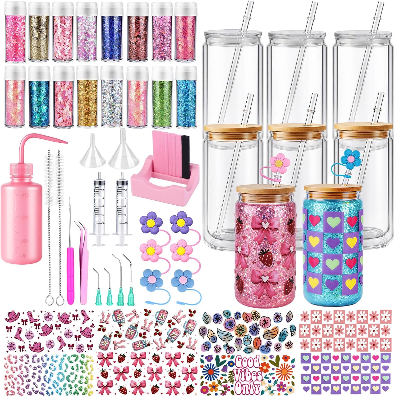 LEGEOS 6 Pack Snow Globe Tumbler Starter Kit, Snowglobe Tumbler Supplies–Includes 16oz Pre-Drilled Double Wall Acrylic Cups with Lids and Straws, DTF Cup Wraps, Birthday Gifts for Women