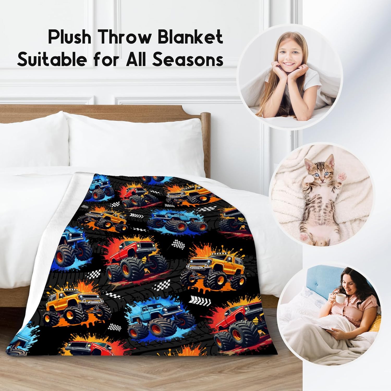 Boys Blanket - Truck Blankets for Kids Teens - Plush Cozy Flannel Large Throws - Car-Themed Gifts for Son (50"x60")