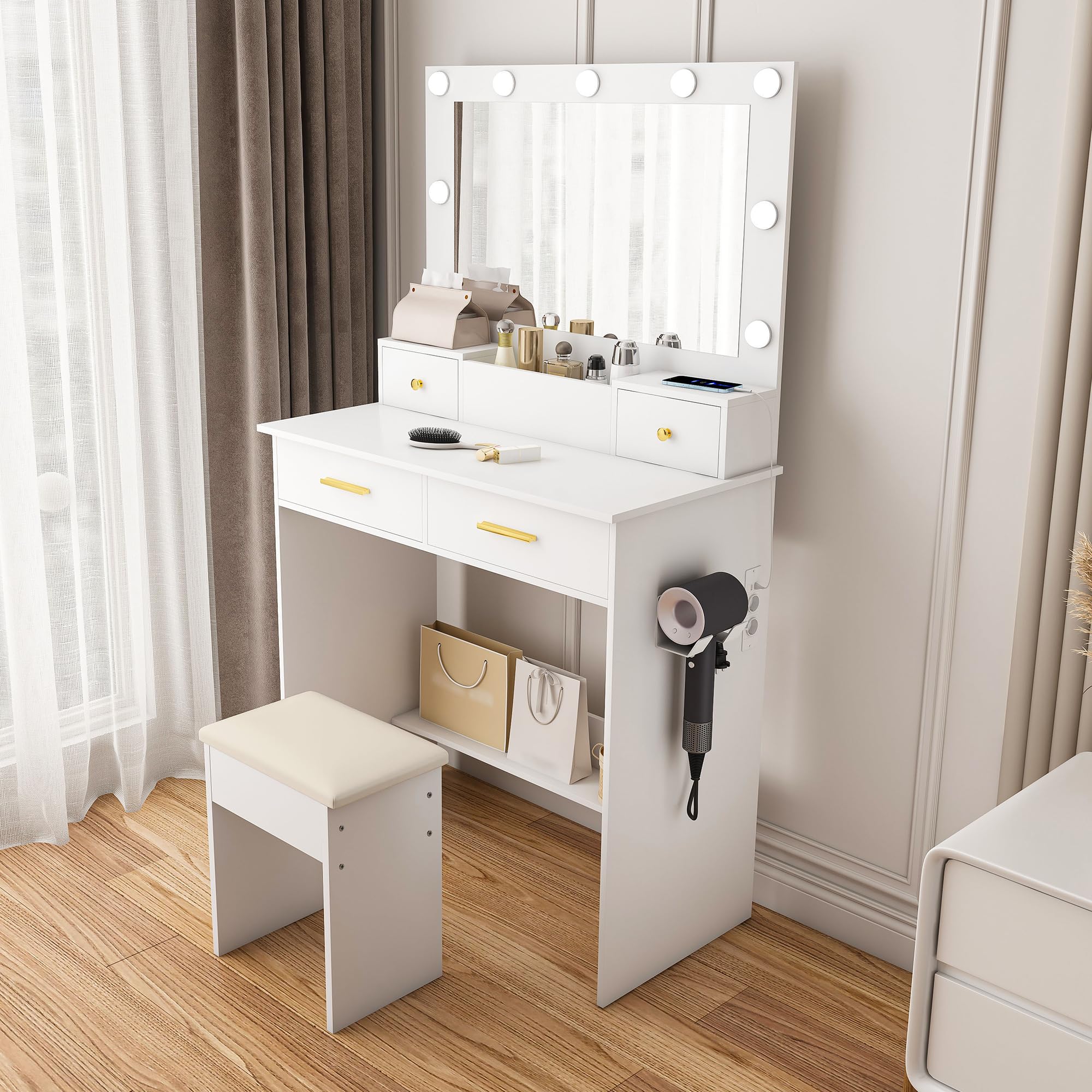 Schminktisch mit Beleuchtung, Hocker und Steckdose, 4 Schubladen, 80 cm
