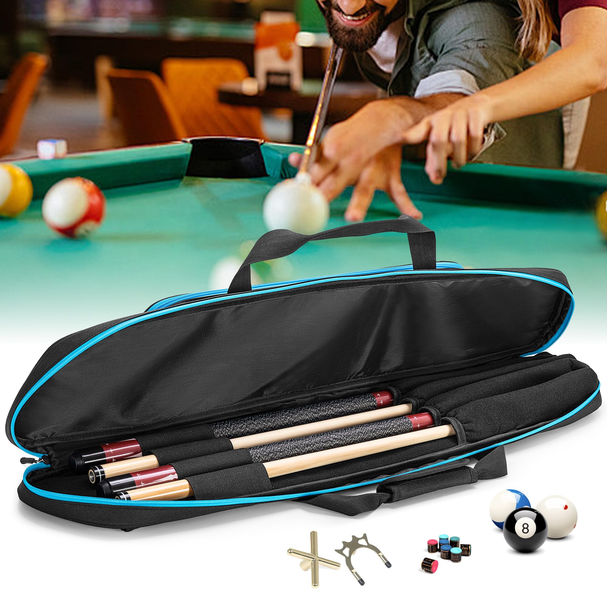 GOBUROS Custodia per stecche da biliardo 2x2 per 2 basi e 2 aste, porta stecche morbido con tasca frontale per accessori, borse porta stecche da biliardo con tracolla per un facile trasporto