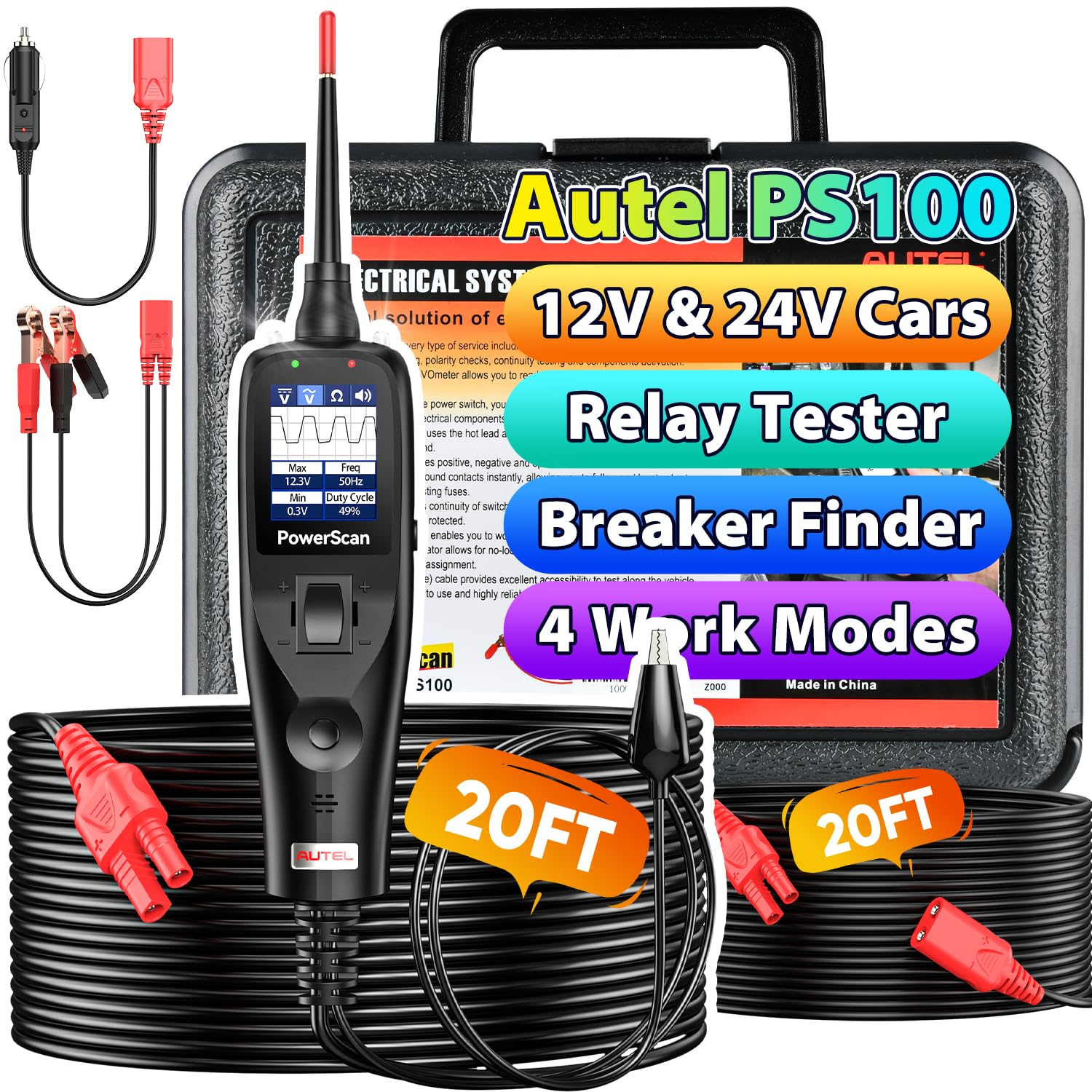 Autel PowerScan PS100 Power Circuit Probe Kit, 2025 12V 24V Universal Automotive Electric Circuit Relay Tester, Open Breaker Short Finder, Read AC DC Resistance, Activate Component, 40ft Cable