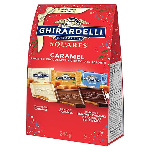 GHIRARDELLI Christmas Caramel Trio Bag, 244 Grams, 3 Flavours, White Chocolate & Caramel, Milk Chocolate & Caramel, Dark Chocolate & Sea Salt Caramel, Christmas Chocolate, Individually Wrapped Squares