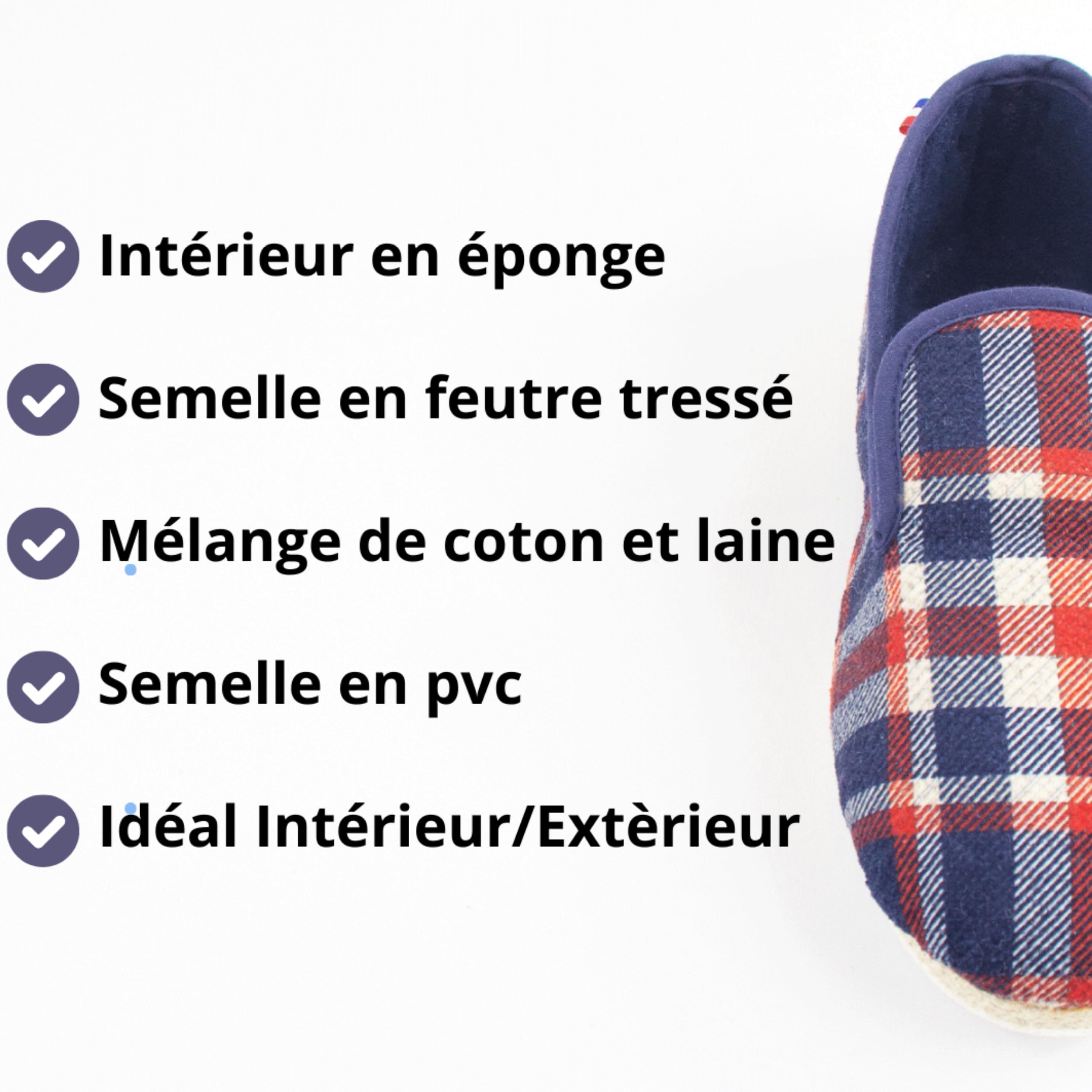 Charentaises Été Mixte Made in France Taille 36 au 53 - Charentaise Confortable légère Intérieur/Extérieur, Semelle Antidérapante Feutre, - Chaussons chauds - Coton/Laine, Charentaise Bleu/Rouge/Blanc