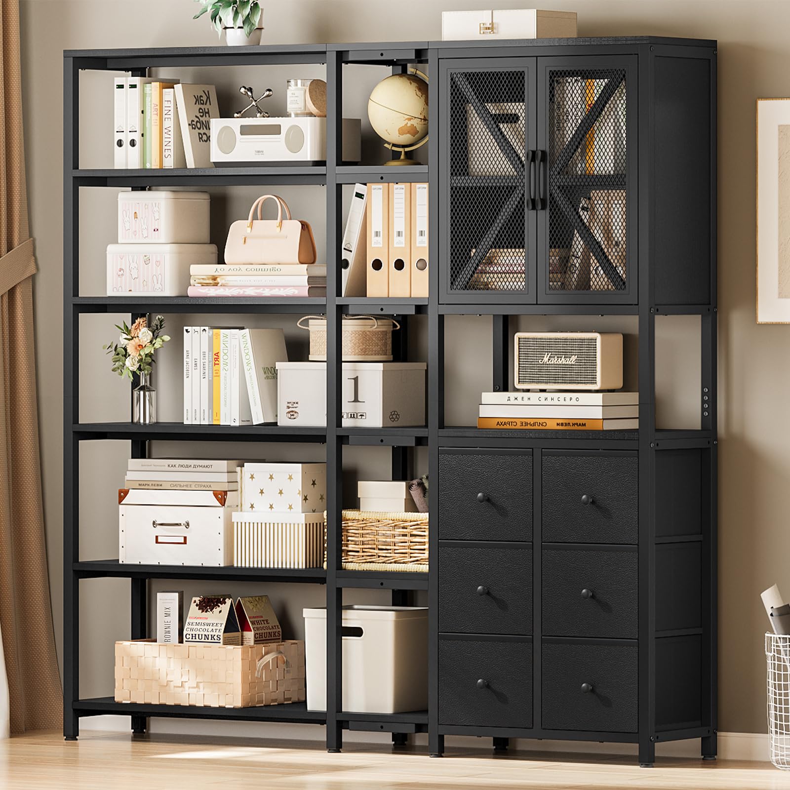 BTHFST Corner Bookshelf 6 Tier, 70.9" Convertible Tall Bookshelf with 6 Fabric Drawers, Corner Bookcase with Metal Doors, Large Book Shelf Display Shelf for Living Room,Home Office, Black