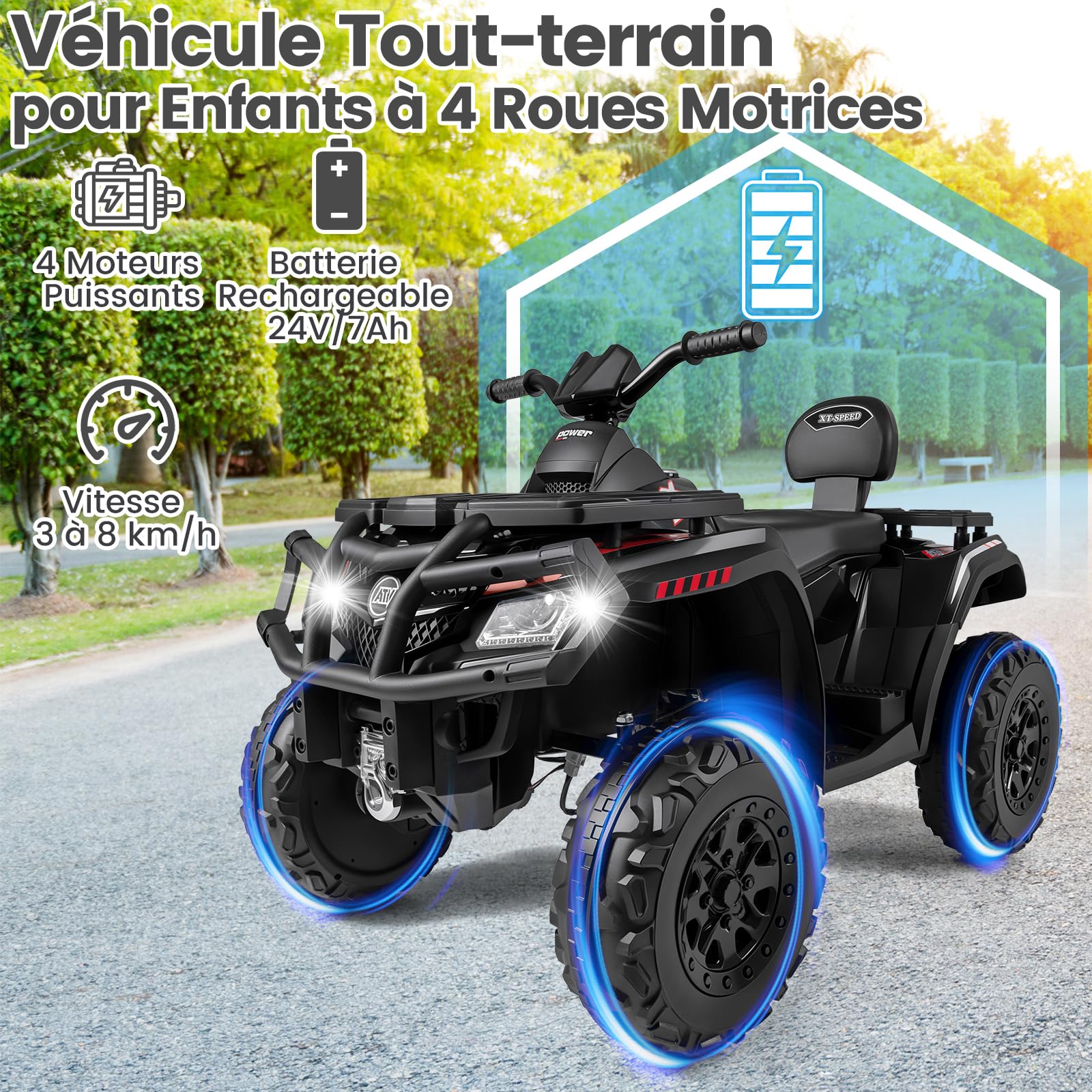 COSTWAY Quad Électrique Enfants 24V avec 4 Moteurs, Voiture Électrique Enfants 2 Places avec Lumières LED, Musique, Marche Avant/Arrière, Frein, 2 Vitesses 3-8 km/h, Charge 59 kg, pour 3-8 Ans (Noir)