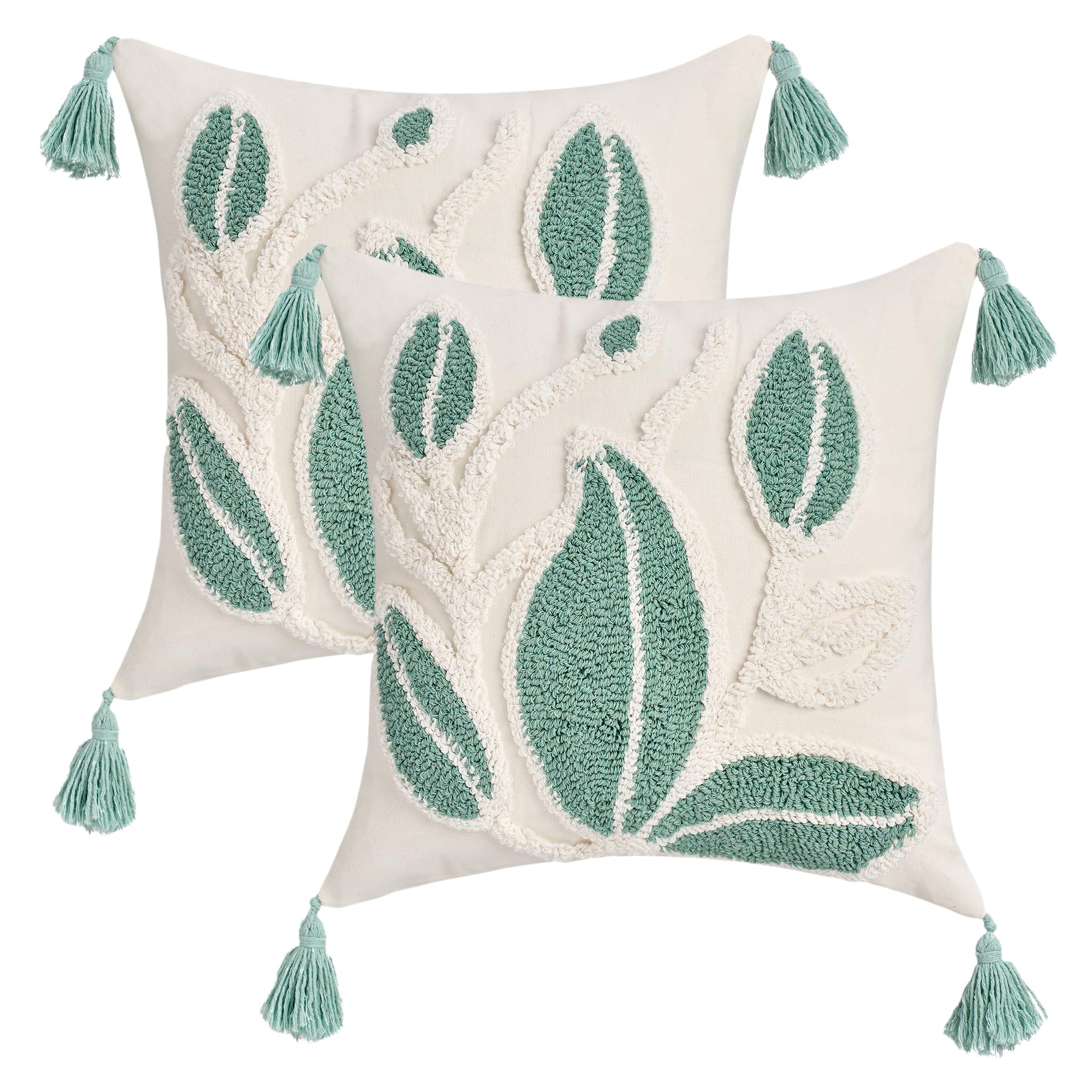 HMETOL Boho Leaf Embroidery Throw Pillow Cover with Tassels, Set of 2