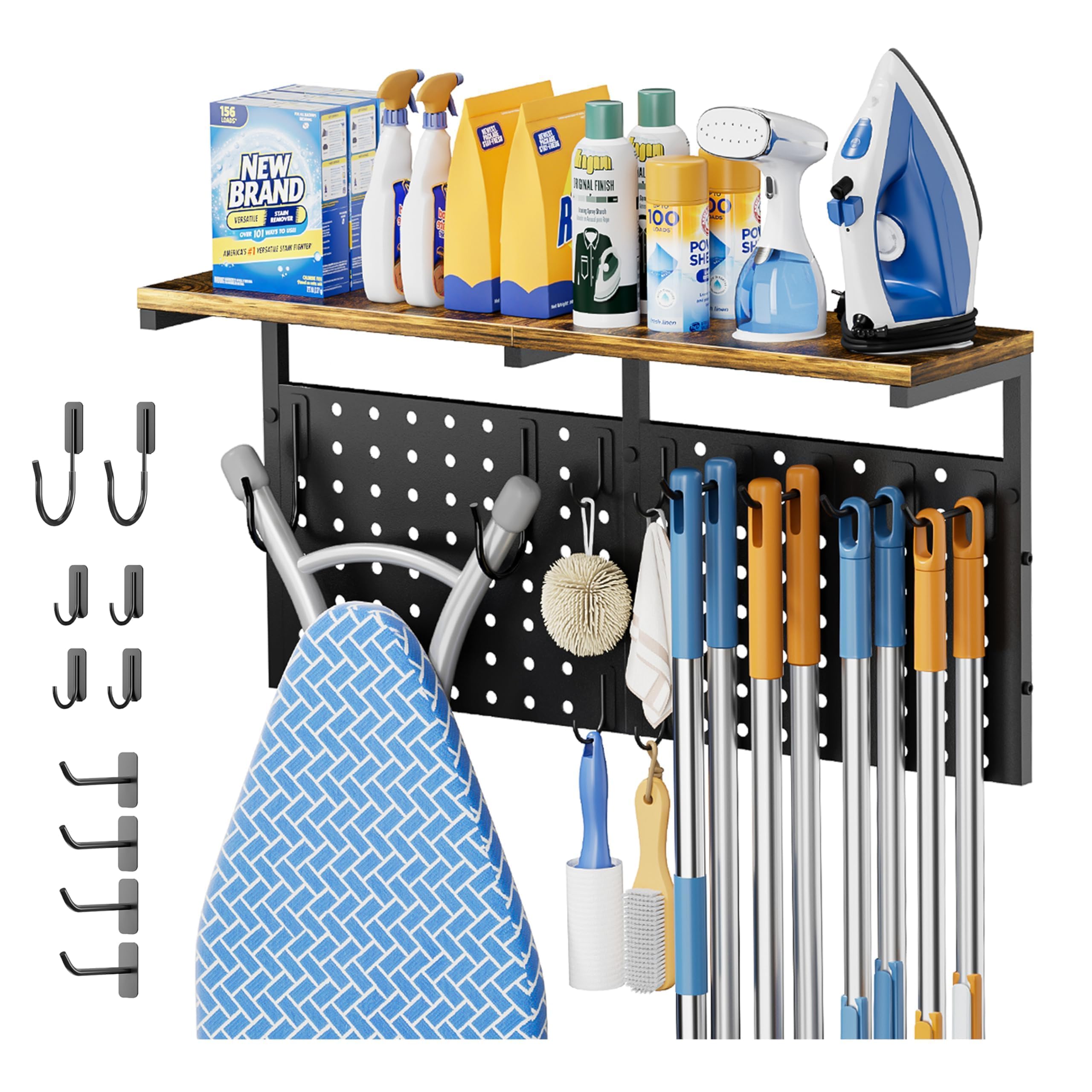 VINCOURNA Ironing Board Hanger, Iron Holder Wall Mount with Cleaning Supplies Organizer, Utility Room Storage Solutions Shelf with Iron Stand & Broom Mop Holder Hooks, Laundry Utility Room Accessories