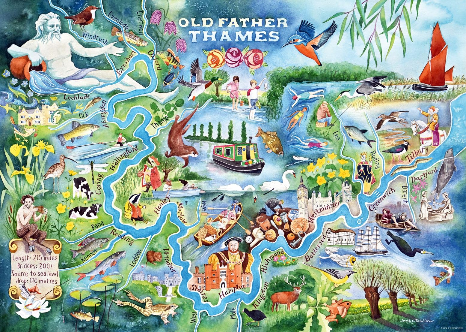 Ravensburger 1000 Piece Jigsaw Puzzle Old Father Thames by Jane Tomlinson – River Thames Map Artwork, British Landscape Puzzle for Adults & Families, Scenic UK Illustration Gift